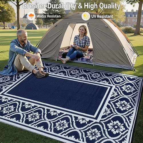 Miniatura 4 de HUGEAR Alfombra de patio al aire libre, 5 x 8 pies, impermeable, alfombra de paja de plástico reversible azul para caravana, cubierta, camping,