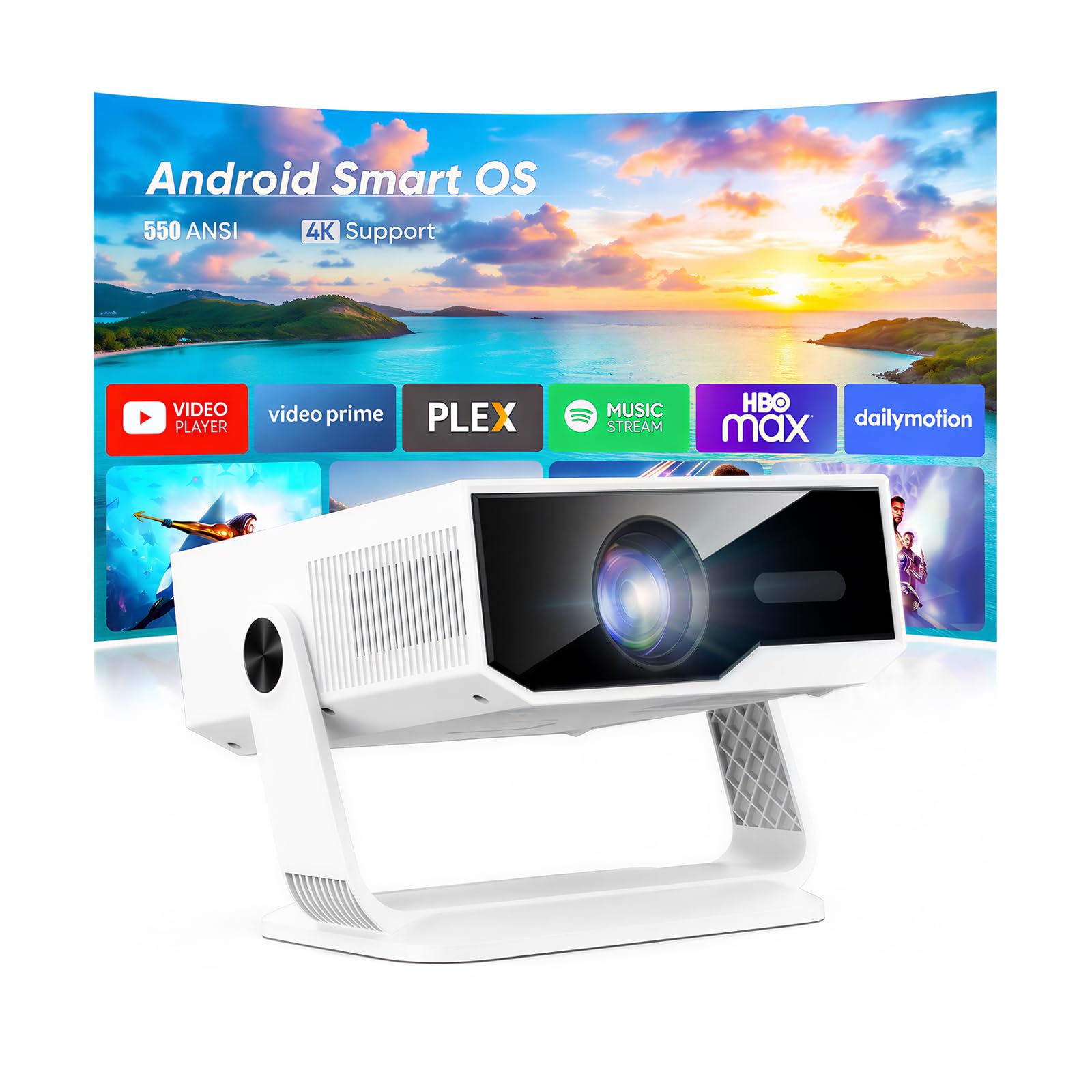 ZDK 2026 Neuer Smart Beamer mit integrierten Apps, Android 14 System, 550 ANSI Lumen, Unterstützung für 1080P/4K-Wiedergabe, Heimkino Beamer mit Wi-Fi 6 und Bluetooth 5.4