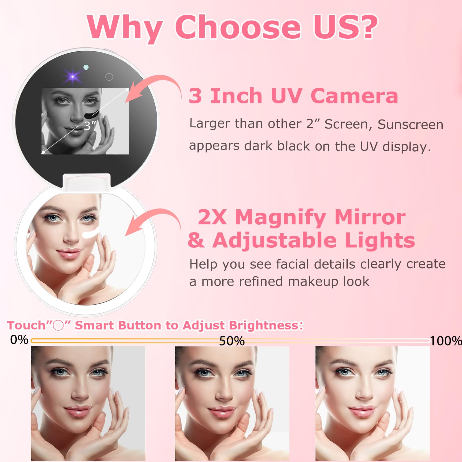 Vanexiss - Caméra UV pour test de protection solaire avec miroir UV de 3,8 pouces | 2 miroirs grossissants rechargeables avec miroir de poche double face pour protection de la peau (blanc)