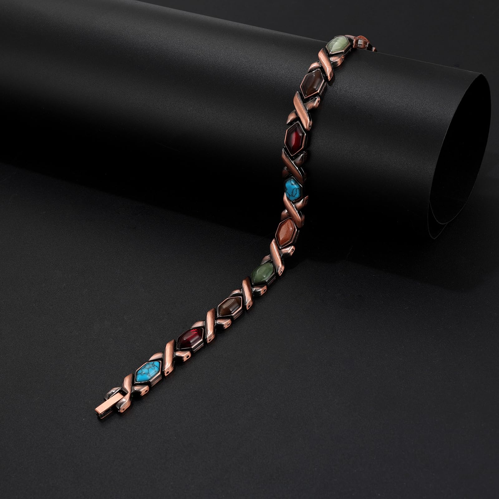 JewelryWe Kupfer Magnetarmband mit Türkis für Damen, Antik Magnetisch Kupferarmband Herz Sechseck Rechteck Link Verstellbares Armband mit Gauss Magneten reines Kupferschmuck für Frau Mutter