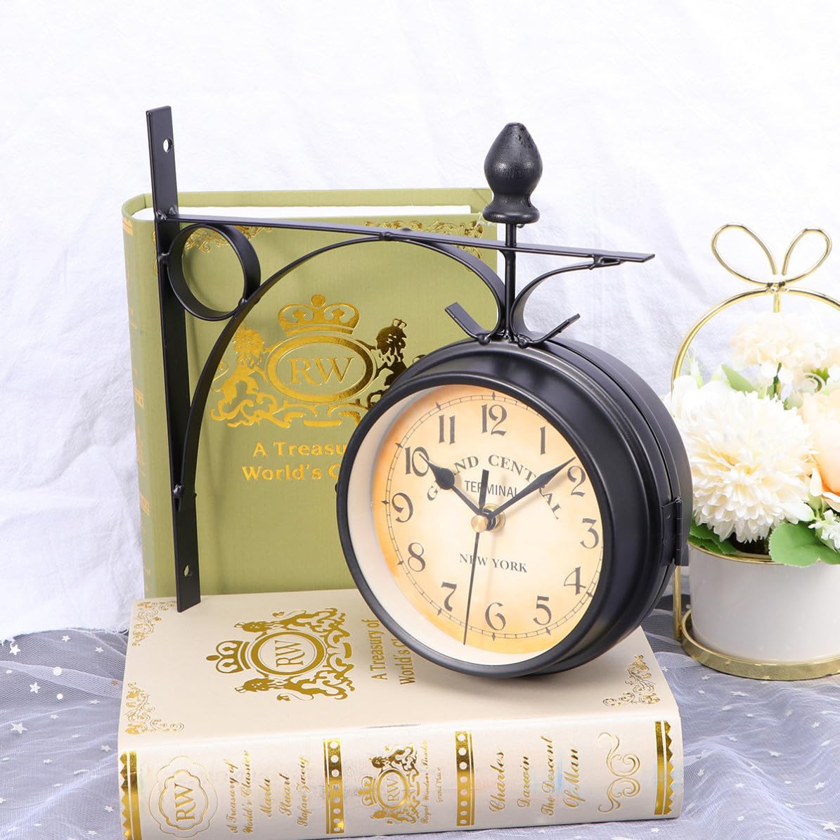 Reloj de Pared Estilo Europeo de Hierro Negro Redondo de Doble Cara