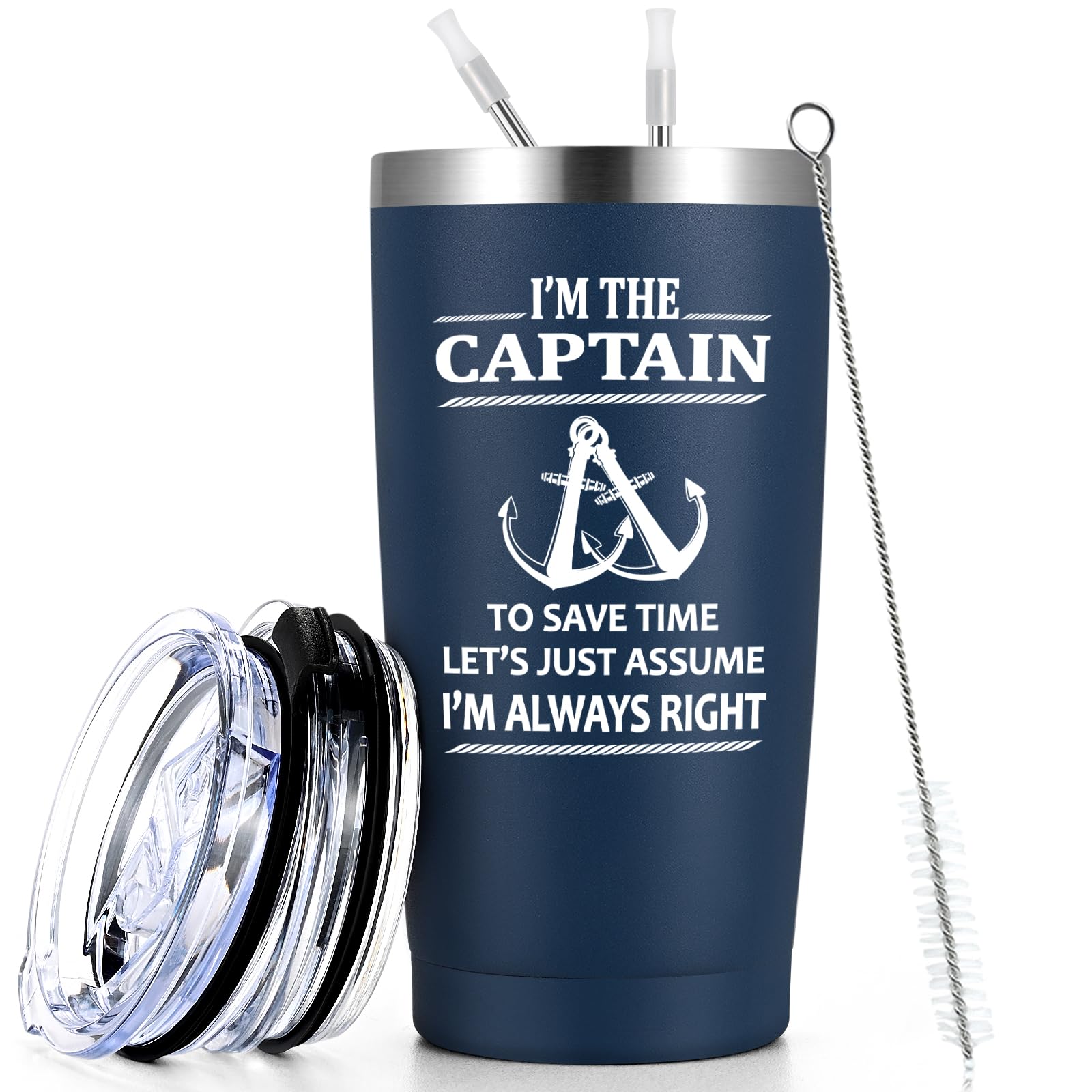Qtencas I'm The Captain & I'm Always Right, isolierter Reisebecher aus Edelstahl, Bootfahren, Geschenke für Männer, Vatertag, Geburtstag, Anker, Weihnachtsgeschenke für Männer, Seefahrer, Dunkelblau