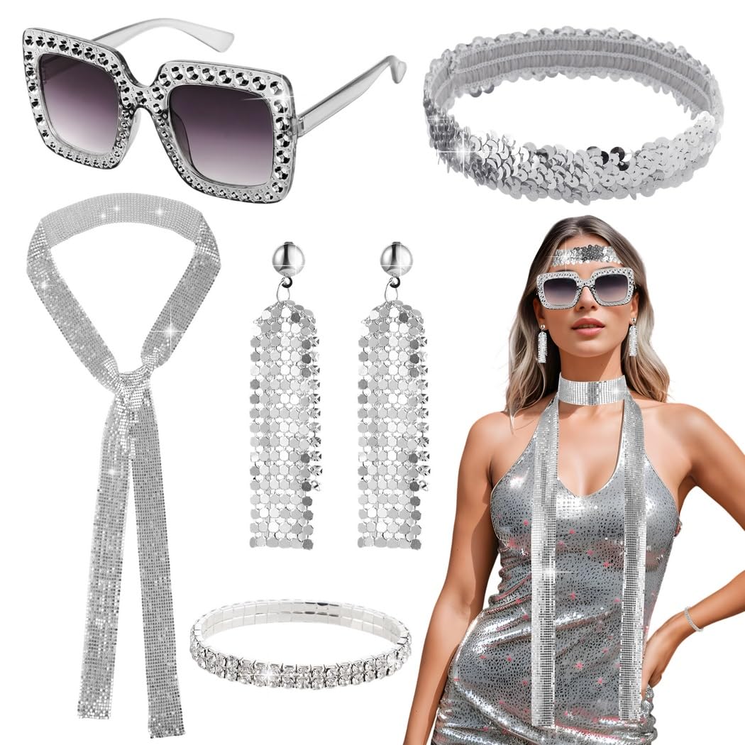 Club Musical Festival Outfit, 6 Pcs Disco Party Favors Supplies Outfit, Sequin Disco Scarf Necklace, Disco Party Women Disco Ball Earrings, Rhinestone Glasses