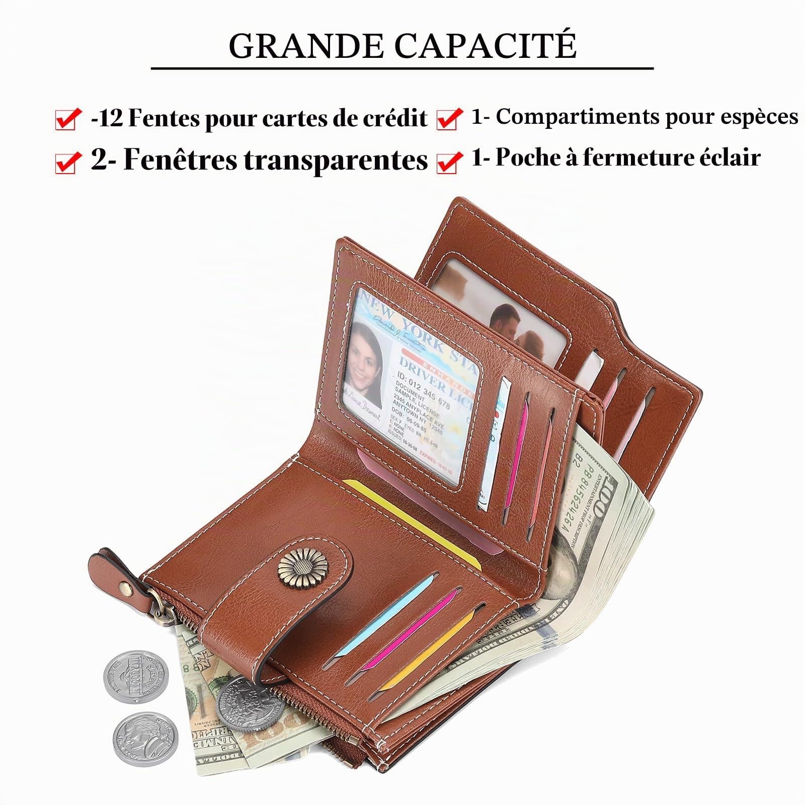 SENDEFN Portefeuille Femme Cuir Véritable en Format Court Portefeuille Femmes RFID Blocage, 16 emplacements pour Cartes y Compris 2 fenêtre d'identification et 1 Poche à Fermeture éclair