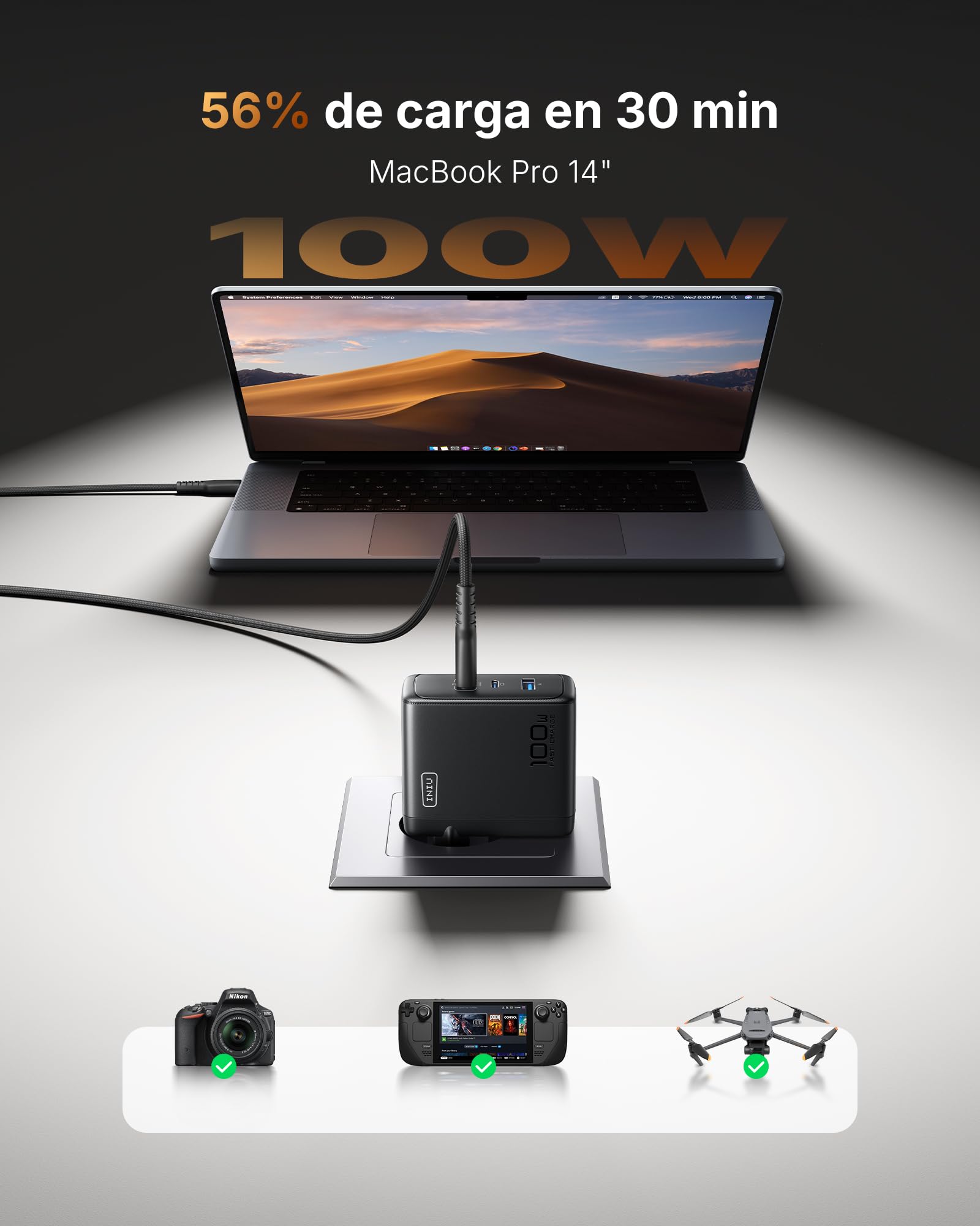 INIU Cargador USB C GaN 100W, 3-Puertos Cargador Rápido Compacto con Cable USB C de 100W 1.5m, Cargador de Viaje para Portátil MacBook Pro Air 14, iPhone 17 16 Pro Max iPad Samsung S26 S25 Ultra Pixel