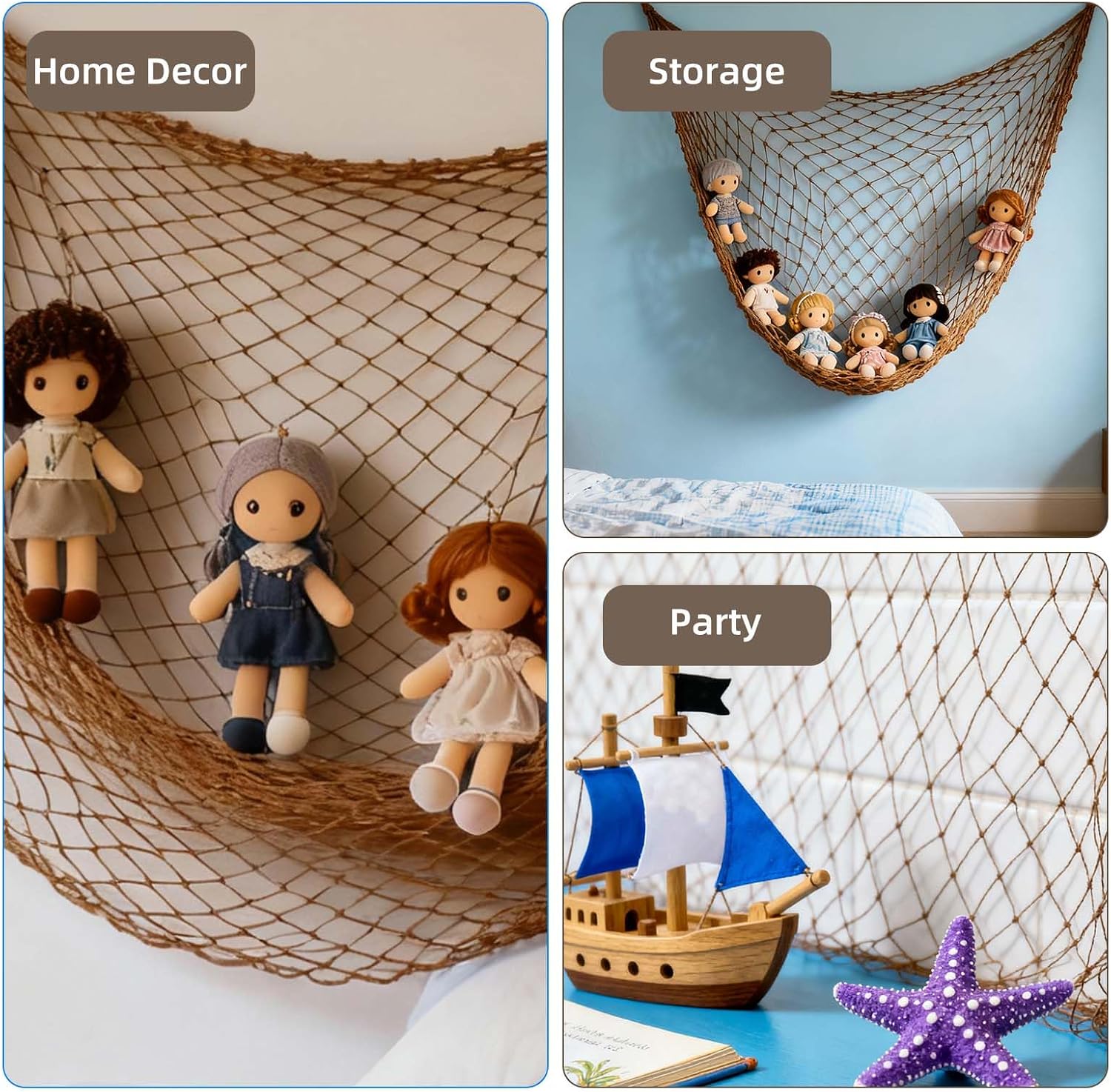 2pcs 200x100cm/80x40in Ocean Theme Party Fishing Net Decor, Cotton Natural Decorative Fishnet Nautical Wall Decoration Fish Netting Hangings for Beach Hawaiian Pirate Mermaid Party Supplies