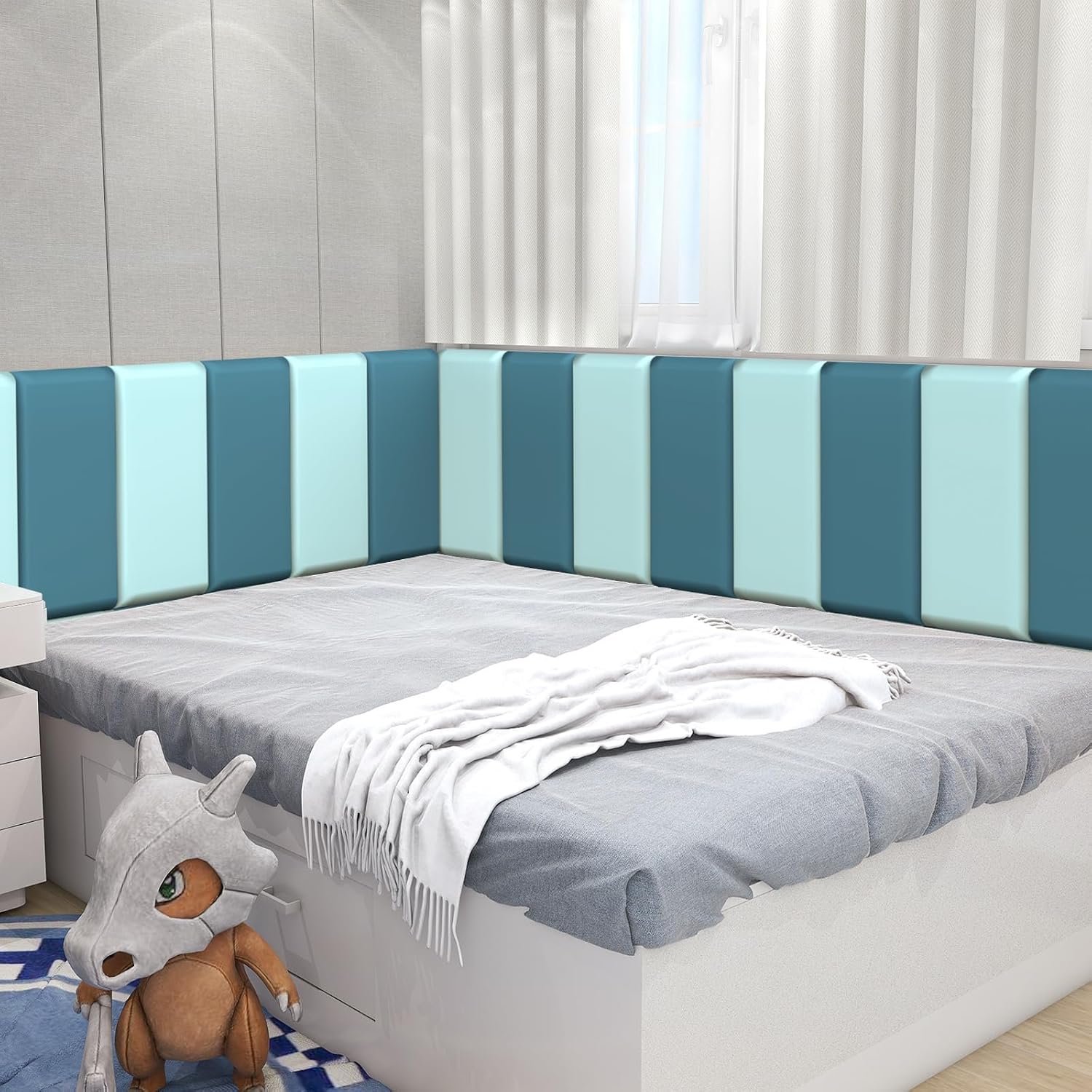 Wall Padding for Kids, Peel and Stick Headboard Upholstered Wall Panels, Wall Protection Pad for Tatami, Bedroom, Playroom, Nursery, Pack of 10 Panels Size 23.6” X 11.8” (Sky Blue)