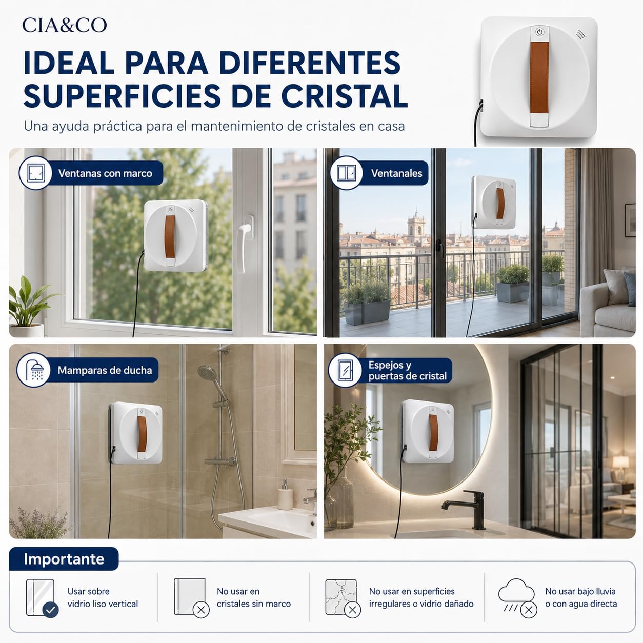 Cia&Co Robot Limpiacristales Automático con App y Mando, Doble Pulverización, 2500 Pa, 3 Modos Z/N, UPS de Respaldo 30 Min y Cuerda de Seguridad para Ventanas y Espejos