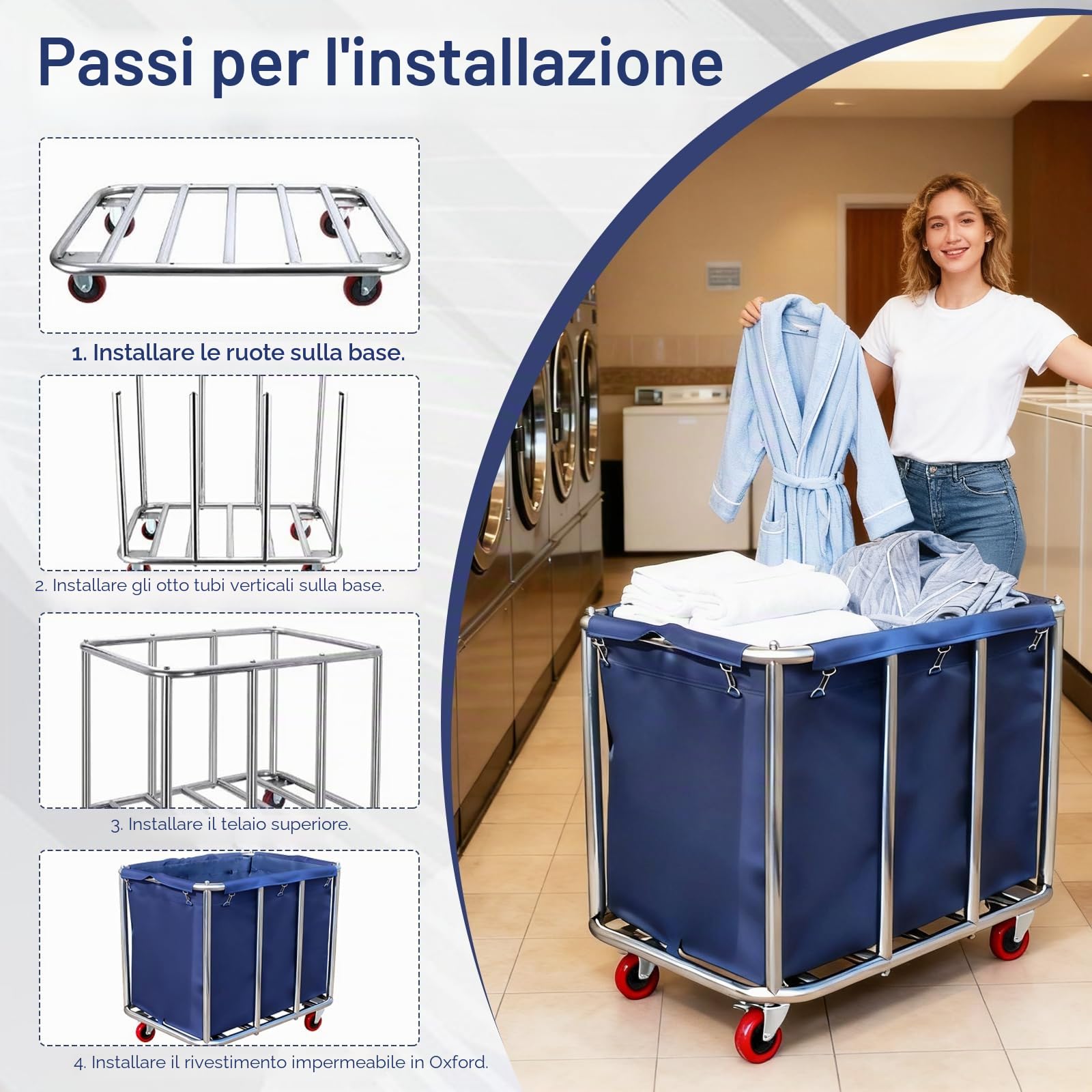 Carrello Per Biancheria, Cesto Portabiancheria In Acciaio Inox Con Ruote Commerciale Impermeabile Antiruggine Rimovibile Grandi Cesti Portabiancheria Commerciali Per Casa Hotel Lavanderia 90X65X81Cm