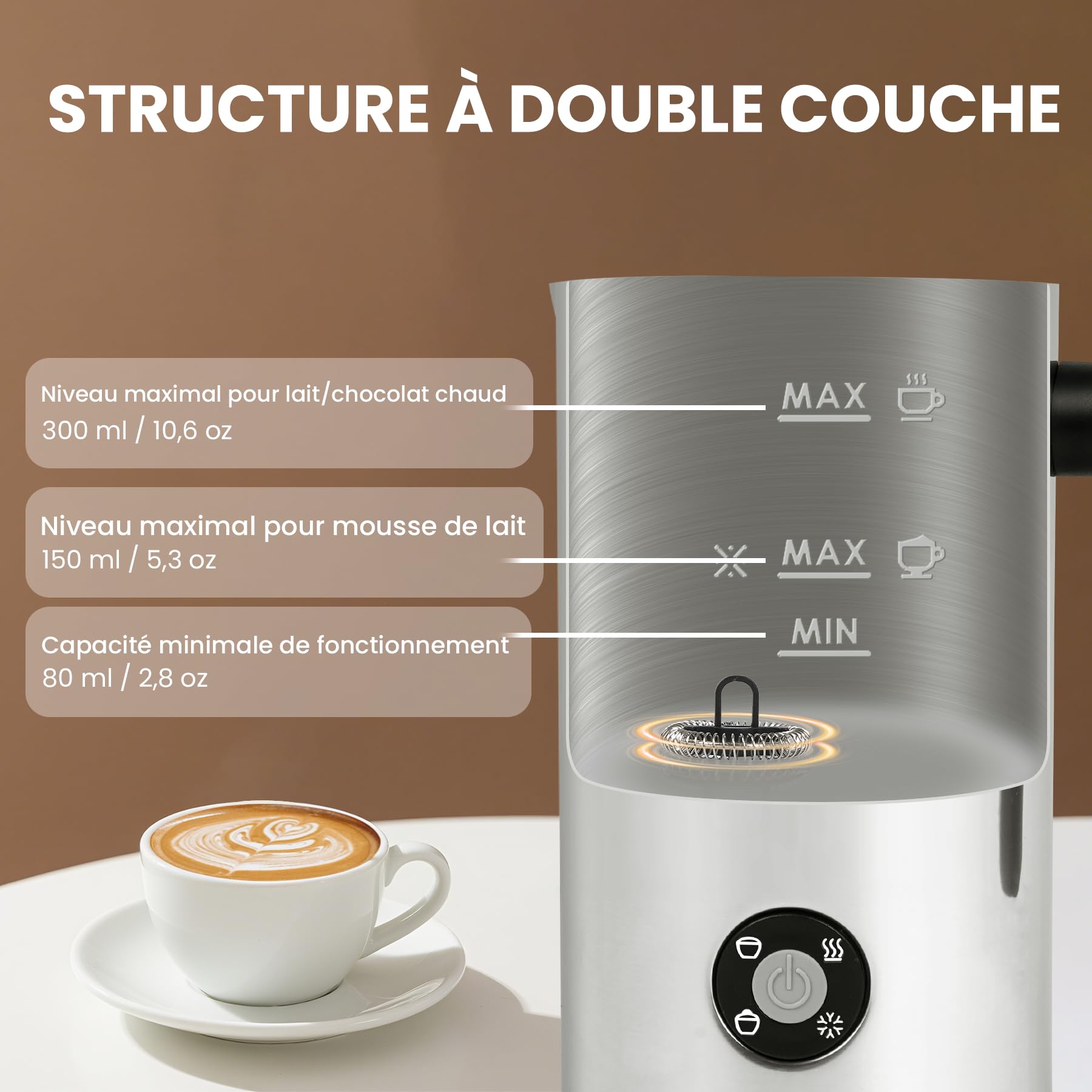 Mousseur à Lait Électrique 4 en 1 avec Chauffe Lait et Mousse Chaude Froide, Commande par Boutons, Carafe en Acier Inoxydable à Nettoyage Facile pour Café Latte Cappuccino