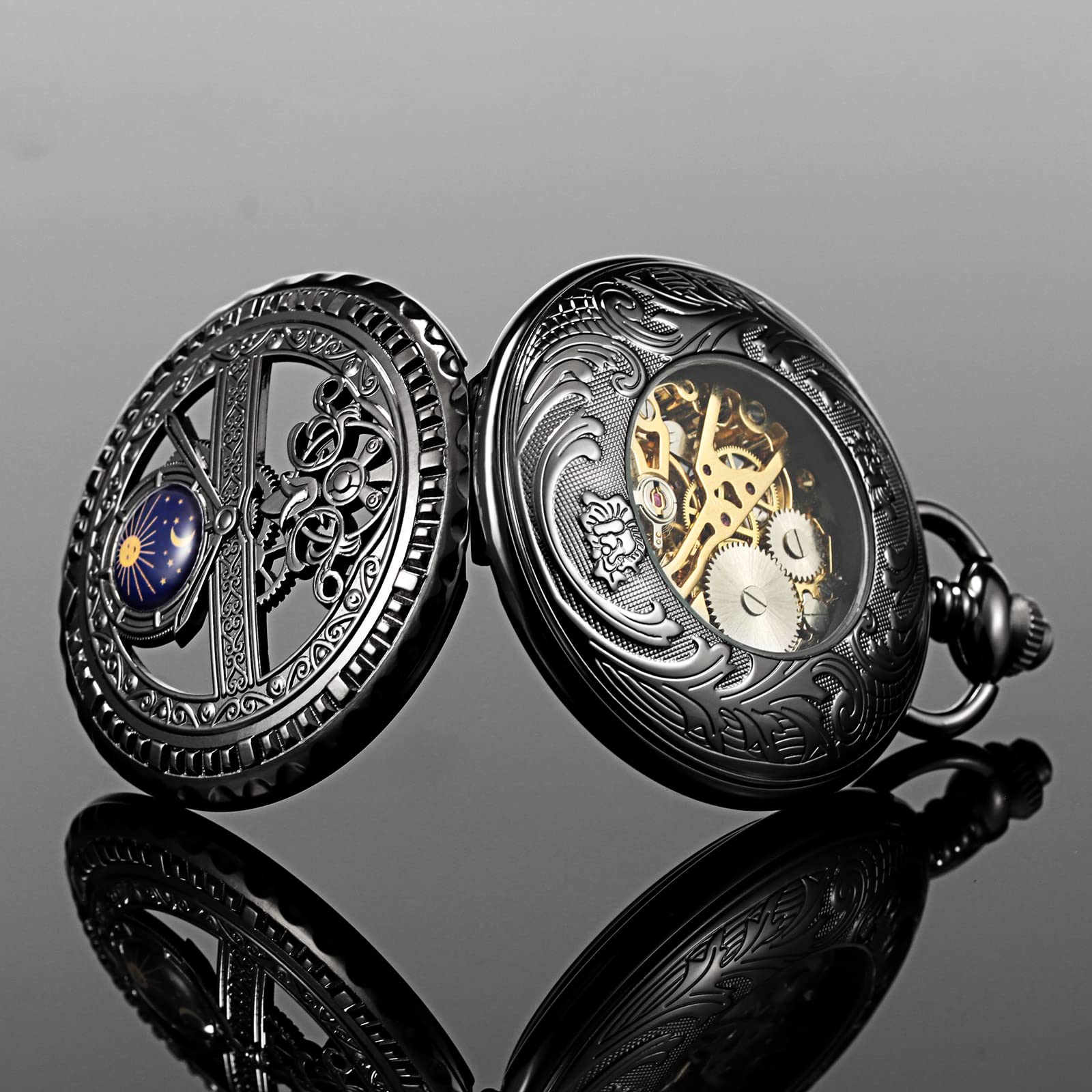 TREEWETO Mechanische Herren Taschenuhr, Sonne und Mond, Skelett, römischen Ziffern, Taschenuhren mit Kette für Herren