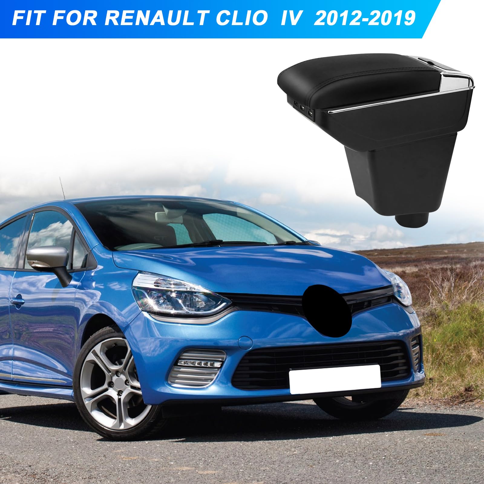 Bracciolo per auto, compatibile con Renault Clio 4 IV 2012-2019, bracciolo centrale, a doppio strato, con 7 porte USB, in pelle nera con linee nere