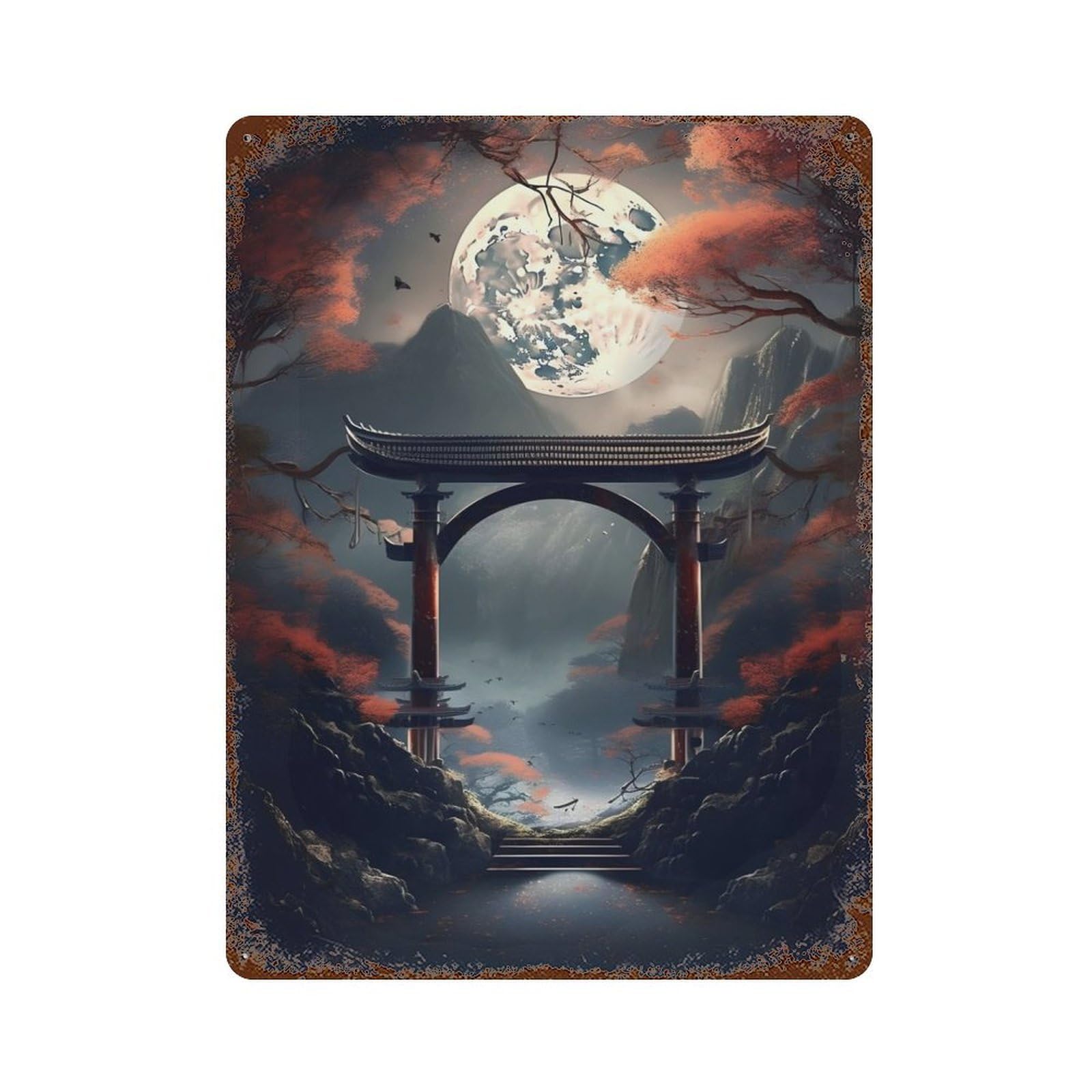 Japanese Fantasy Moon Gate Rustic Tin Plaque 15.7"x11.8", Ideal for Cafe, Home Bar And Lounge Decor