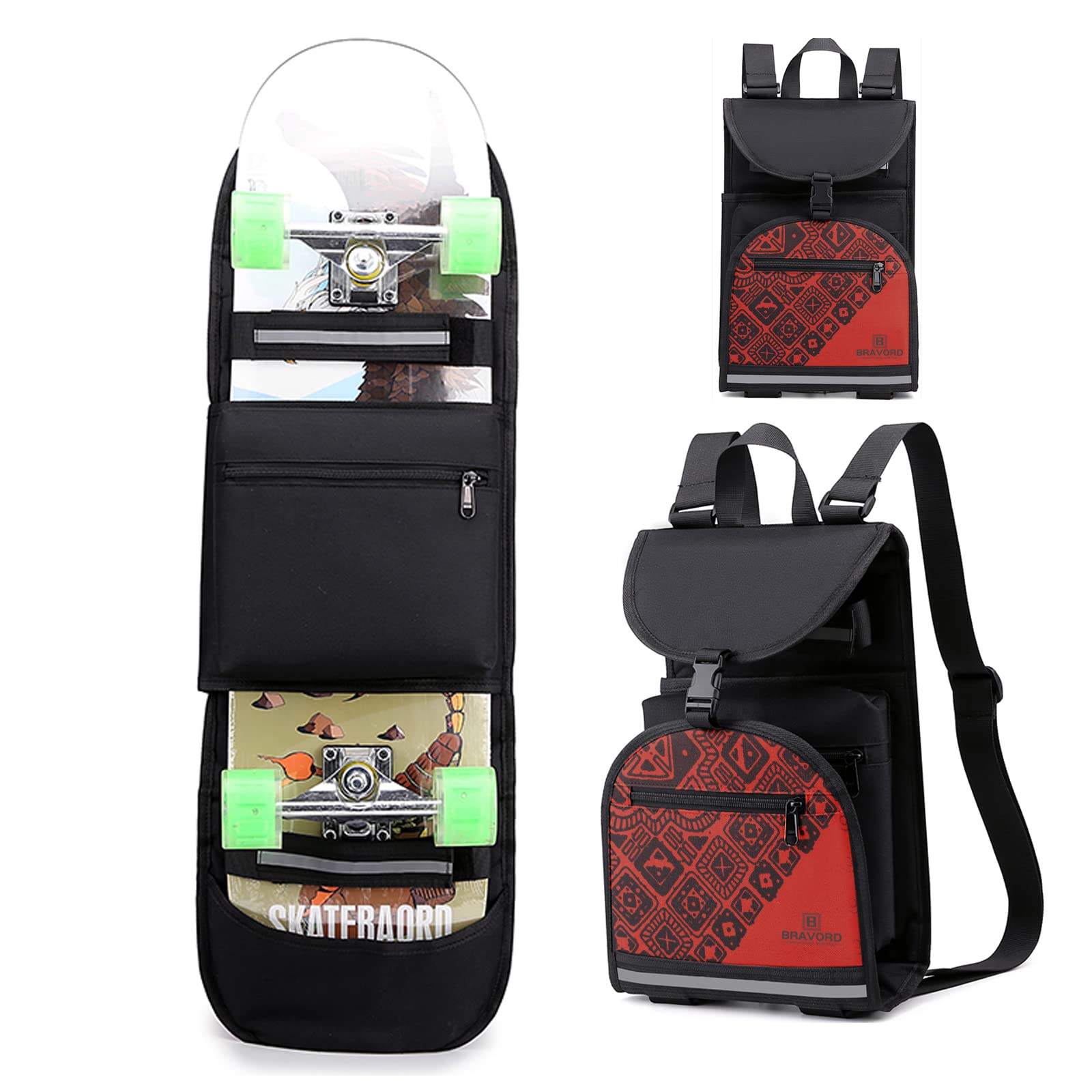 BRAVORD Foldable Skateboard Backpack Bag Carrier with Adjustable Shoulder Straps for Double Kick Longboard Electric Skateboard, Unisex