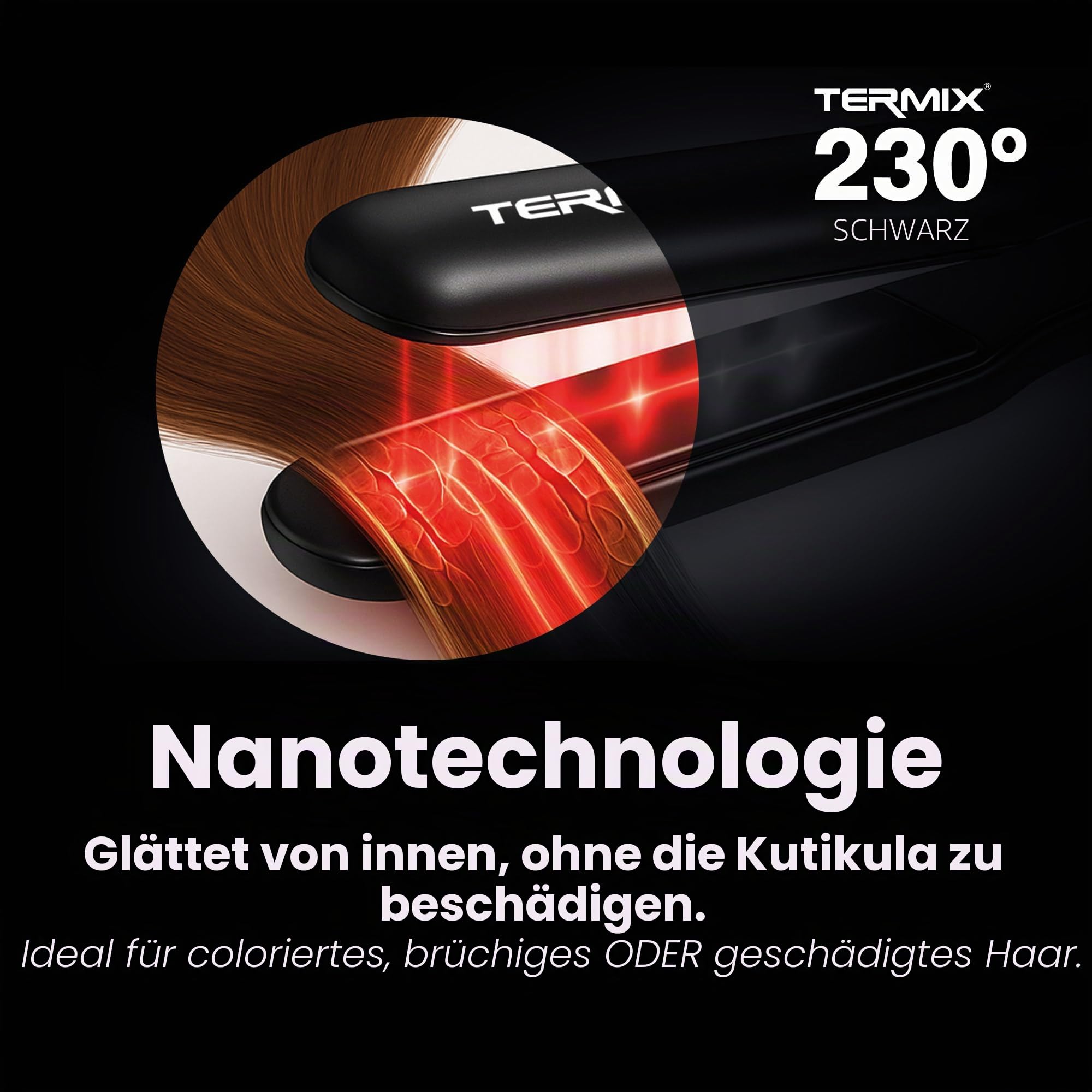 Termix 230º-Glätteisen in der schwarzen Edition. Glätteisen mit Keramikplattentechnologie. Digitales Temperaturregulierungssystem. Infrarotsystem. Nanotechnologie. Reduziert Frizz und hält das Haar länger weich.