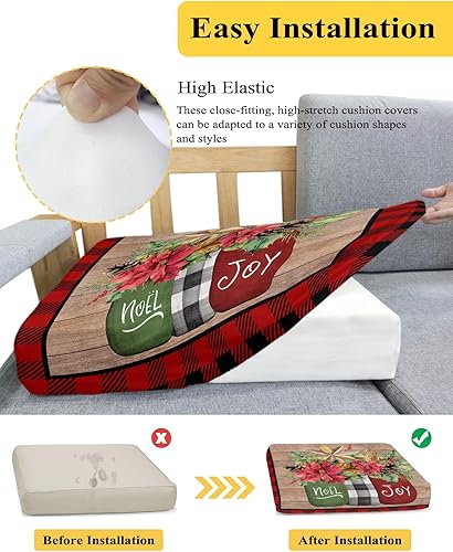 Miniatura 5 de Fundas de cojín para sofá de Pascua navideñas, funda elástica para sofá con parte inferior elástica, diseño retro a cuadros rojos y negros con piñas