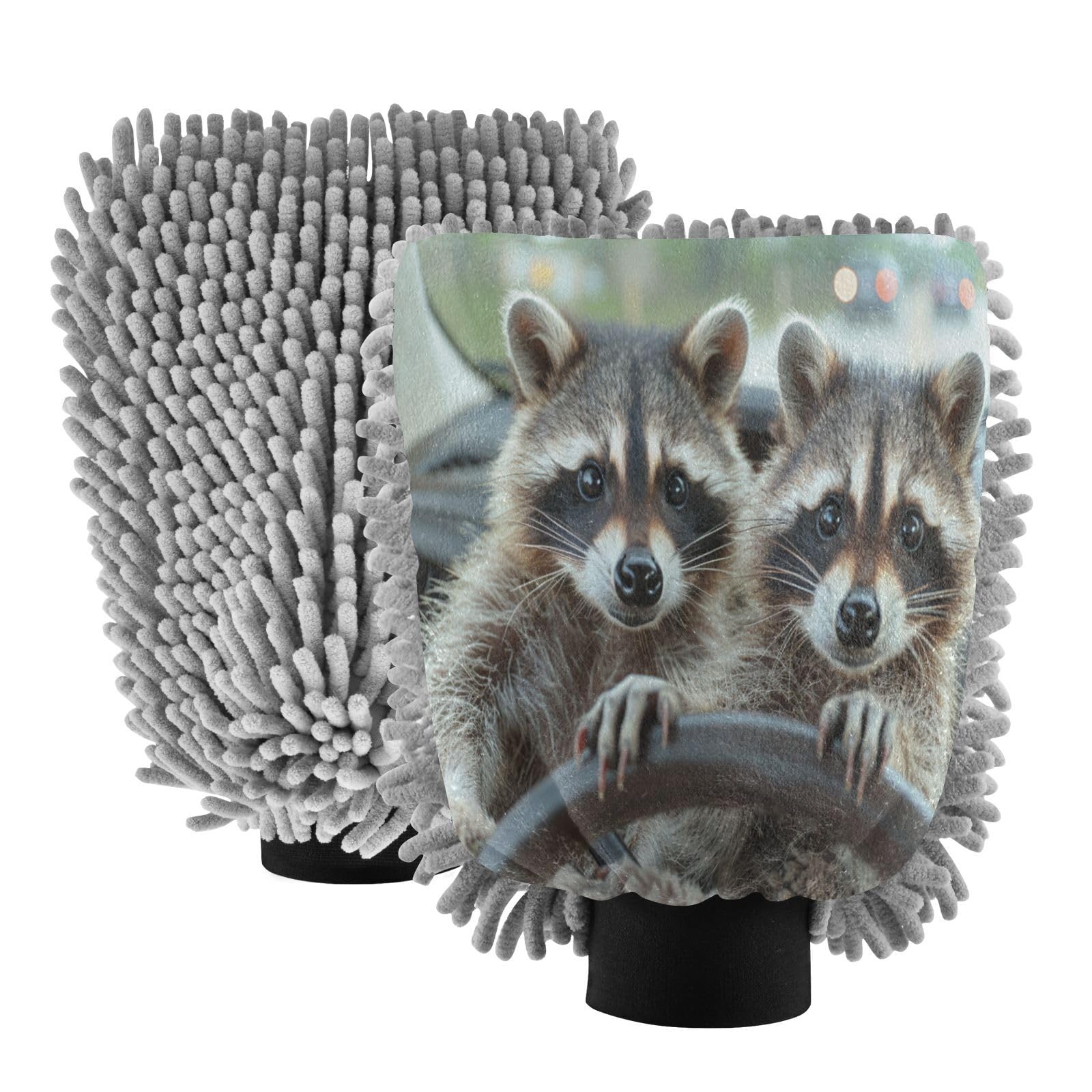 Kigai Cute Raccoon Playing Guitar Car Wash Mitt Microfiber, 2Pcs Scratch Free Lint-Free, Premium Chenille Microfiber Mitt Car Wash Brush-L