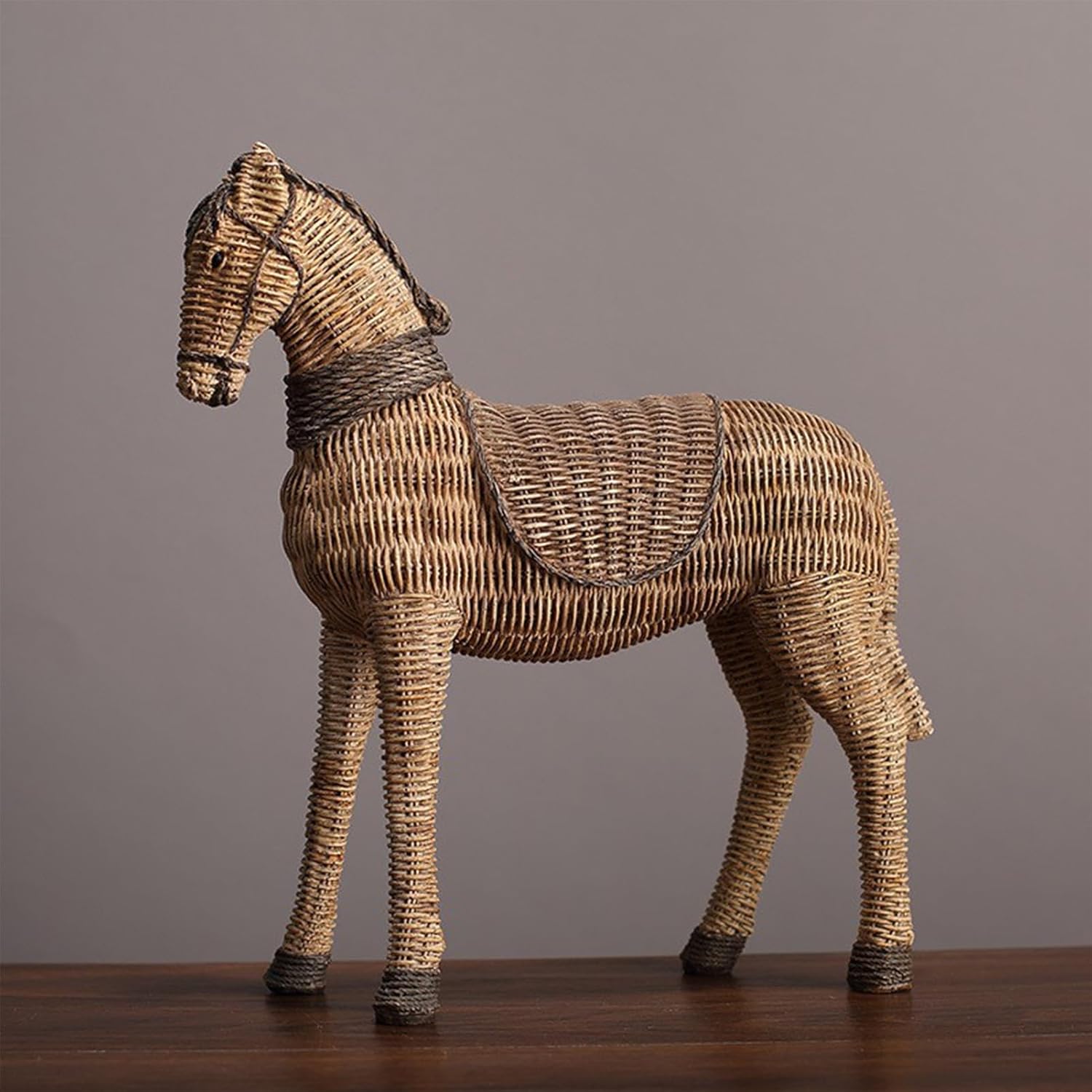 Rustic Horse Statue, Unique Rattan-Style Decor for Office & Home - Hand-Painted Resin Sculpture - Gift for Horse Lover