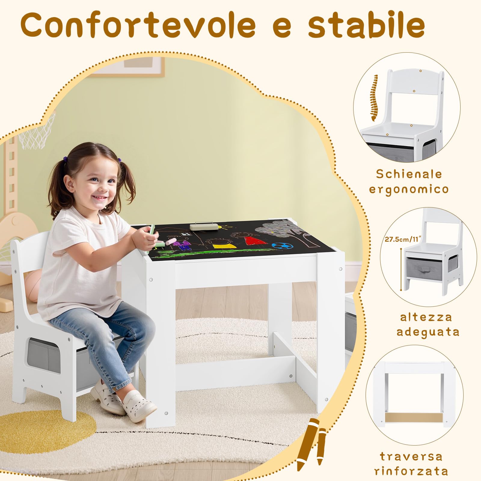 Lestarain Tavolino per Bambini con 2 Sedie, Lavagna, Scatole Portaoggetti, con Rullo di Carta per Asilo, Stanza dei Giochi