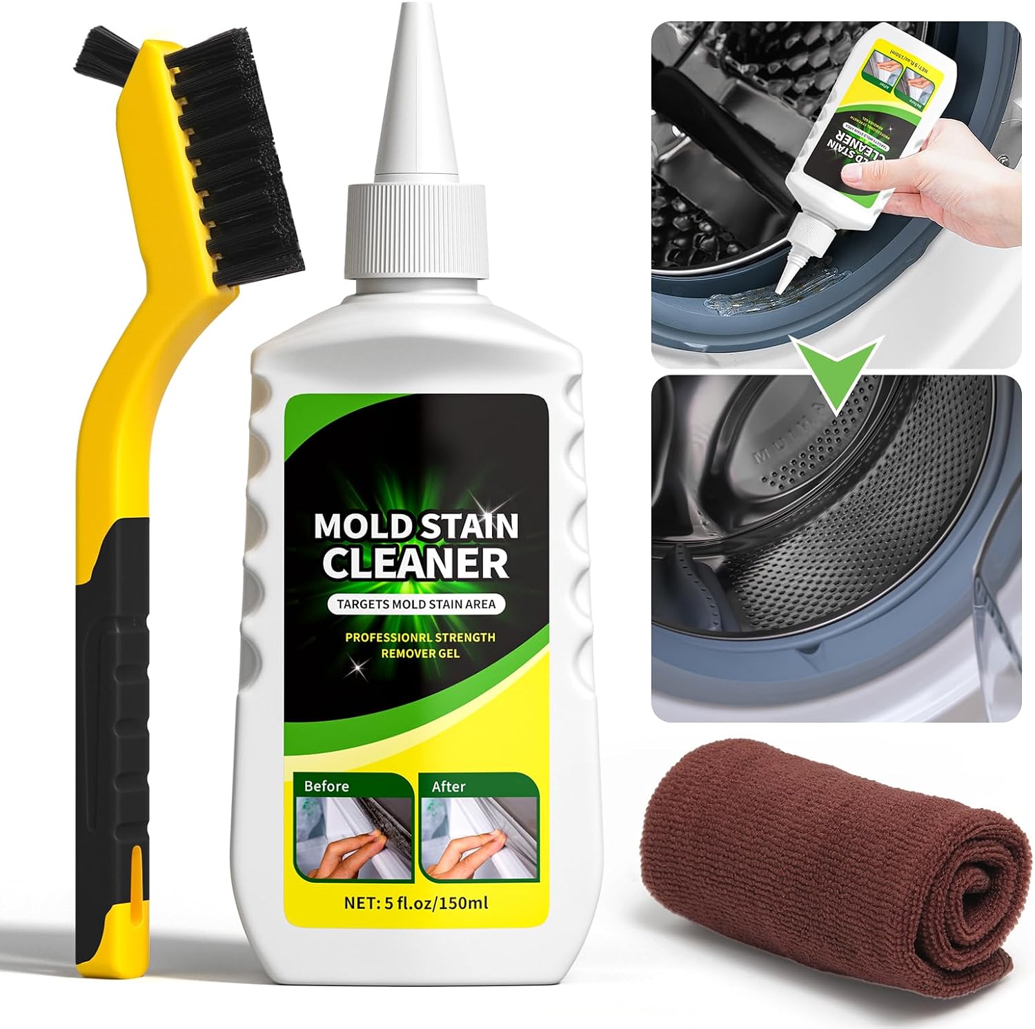 Mould Remover Gel, Household Washing Machine Cleaner Stain Remover Gel for Front Loader Washing Machine Seal with Brush and Towel for Bathroom, Kitchen,Refrigerator Sealant, Wall, Tile Grout