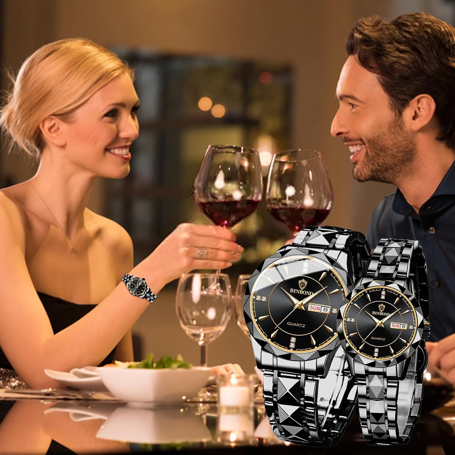 FANMIS Valentines Couple Pair Quartz Watches Luminous Calendar Waterproof Business Dress Luxury His and Hers Wristwatch Stainless Steel Couple Wedding Romantic Watch