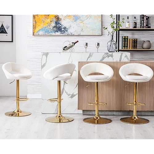 EALSON Counter Height Bar Stools Set of 4 Swivel Barstools with Low Back Modern Adjustable Bar Chairs with Gold Base Upholstered Velvet Comfortable Kitchen Island Stools, Beige