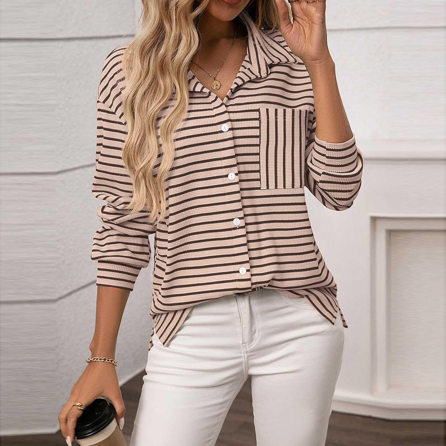 Women's Striped Button Down Shirts Dressy Casual Classic Long Sleeve Collared Office Work Blouses Tops with Pocket