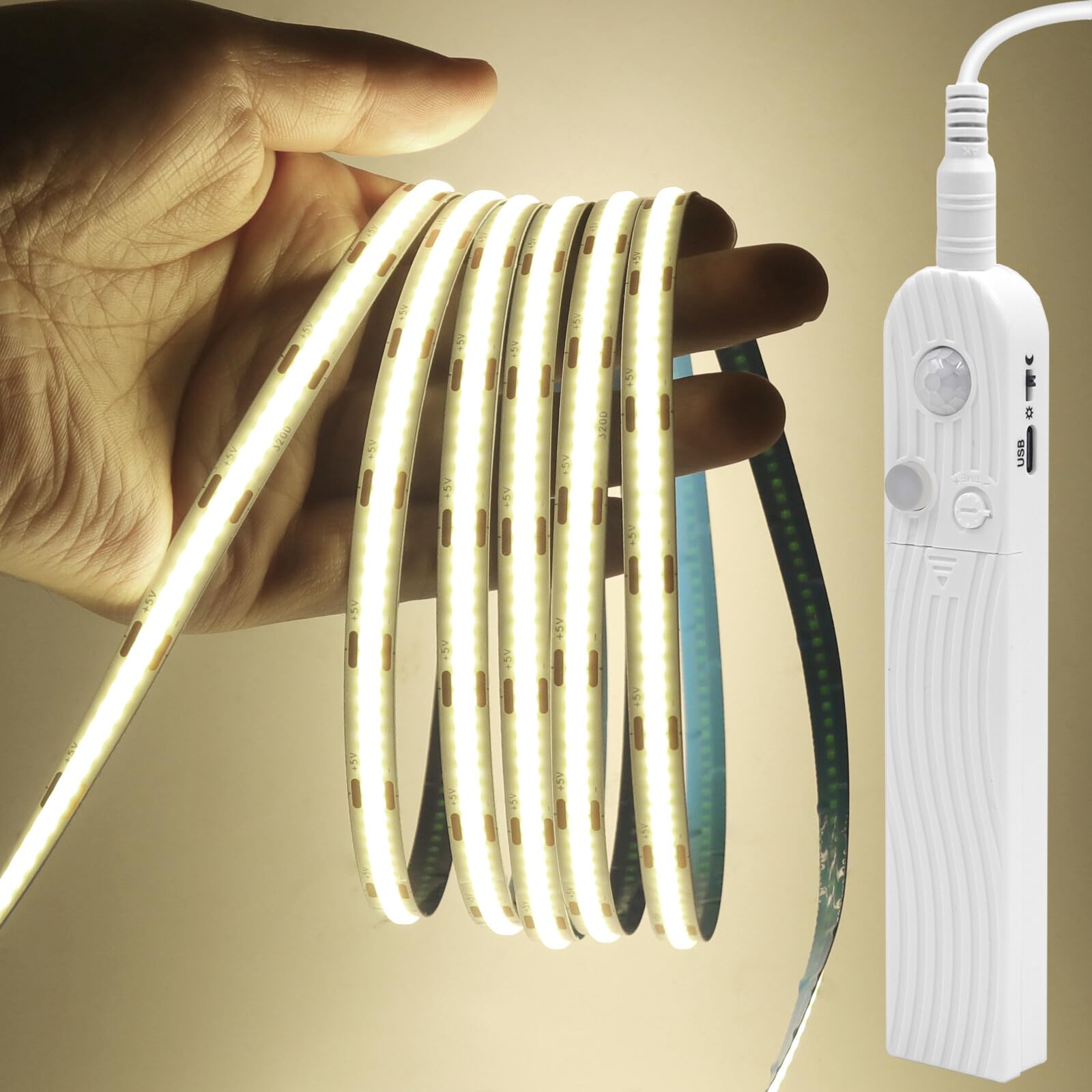 GQL Motion Sensor COB LED Strip Lights - PIR 5V Battery or USB Powered, Self-Adhesive for Closet Wardrobes Cabinets Stairs (Natural White, 4m)
