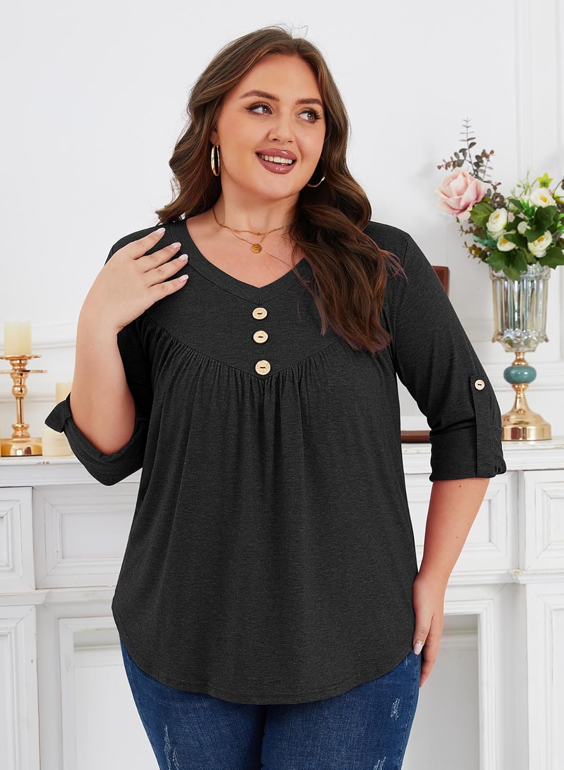 Siddhe Womens Plus Size Tops 3/4 Ruffle Sleeve Loose Fit Blouses Button Square Neck Shirt Casual Pleated Tunic Tops(1X-5X) - Image 3