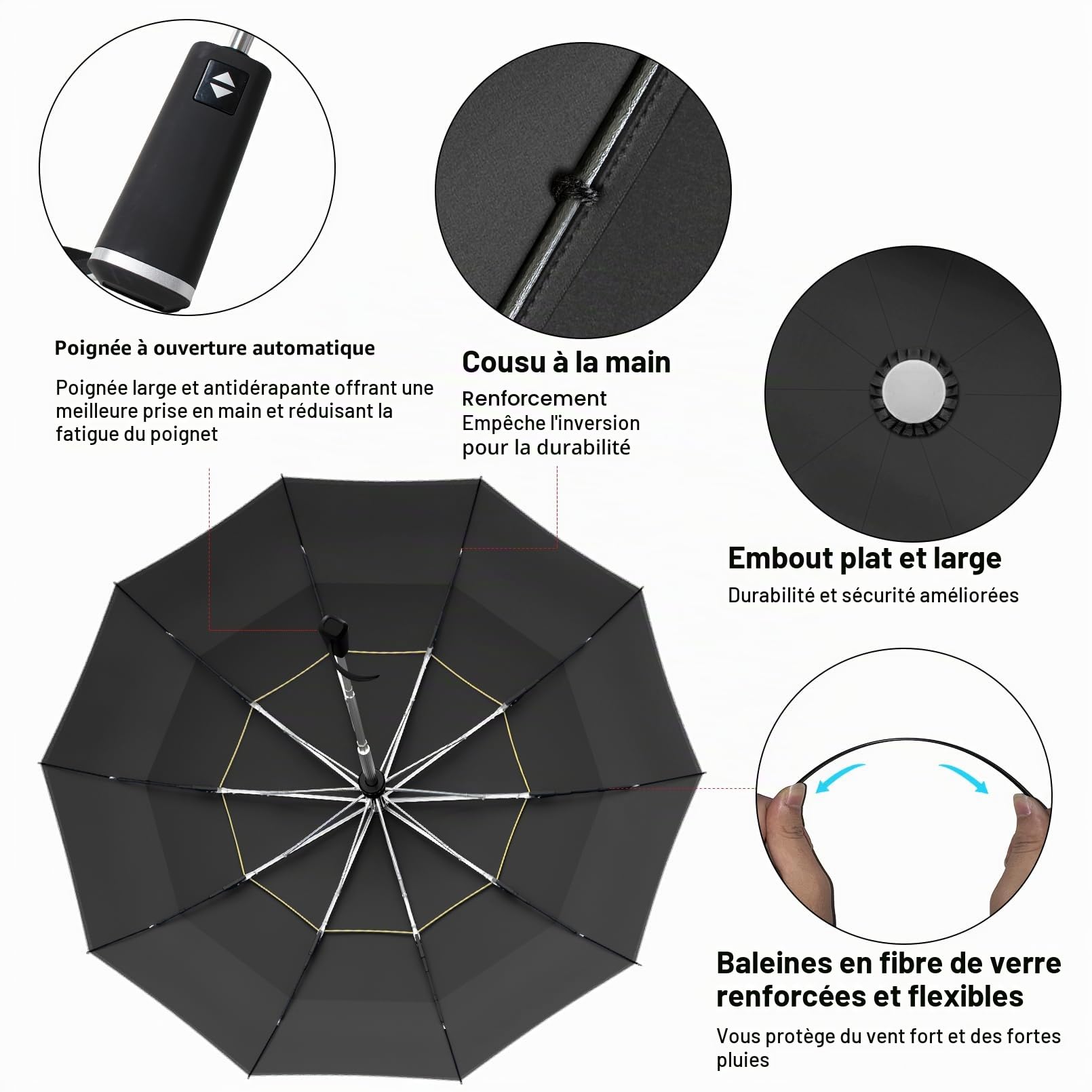 Satol Parapluie de Golf - Ouverture Automatique 10 Rayons, Double Toile, Protection UV, 54 Pouces Pliable Compact Paraplui avec Bandes Réfléchissantes, Convient à 2-4 Personnes (Noir)