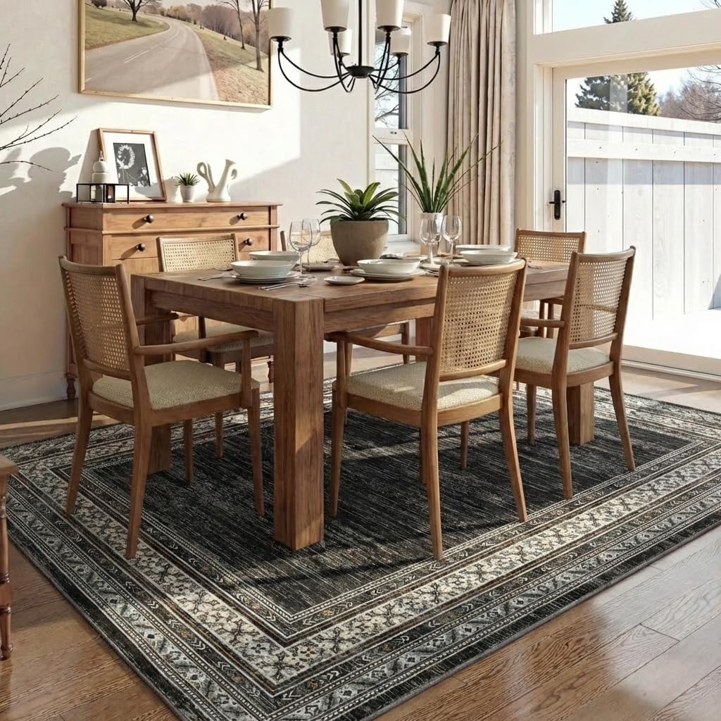 Modern Solid Area Rug 5x7 Washable Non Slip Neutral Rugs for Living Room, Non-Shedding Stain Resistant Bordered Throw Carpet, Neutral Foldable Floor Rugs for Bedroom Dining Table, Black