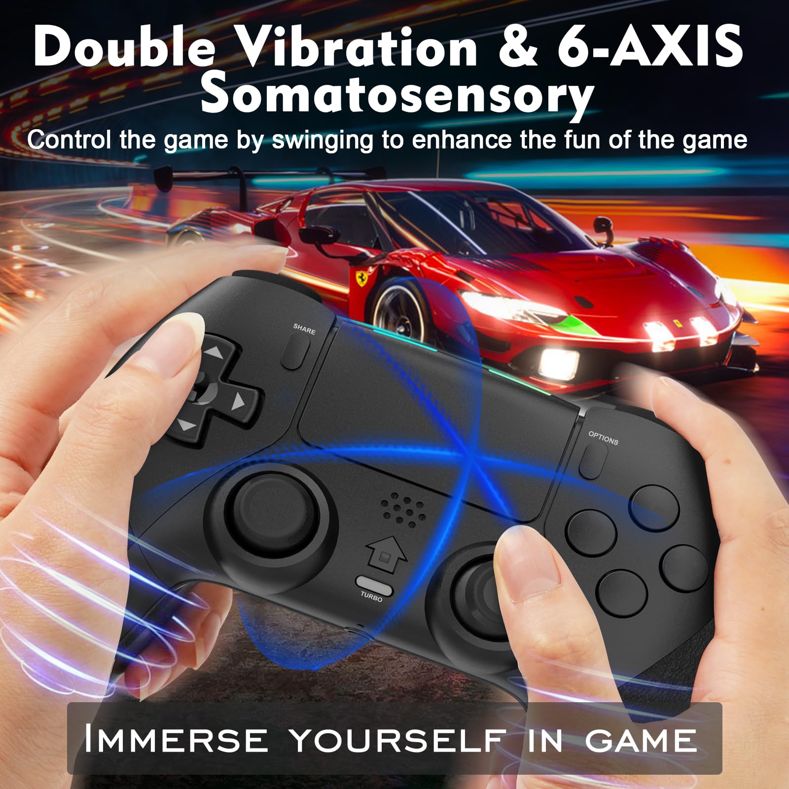 Tefelan Mando para PS4, Game Mando Inalámbrico para P4/Slim/Pro Gamepad Joystick con Turbo, Programable Botón, Dual Vibración, 6 Axis Gyro Sensor, Touch Panel, Audio Jack Speaker-Negro