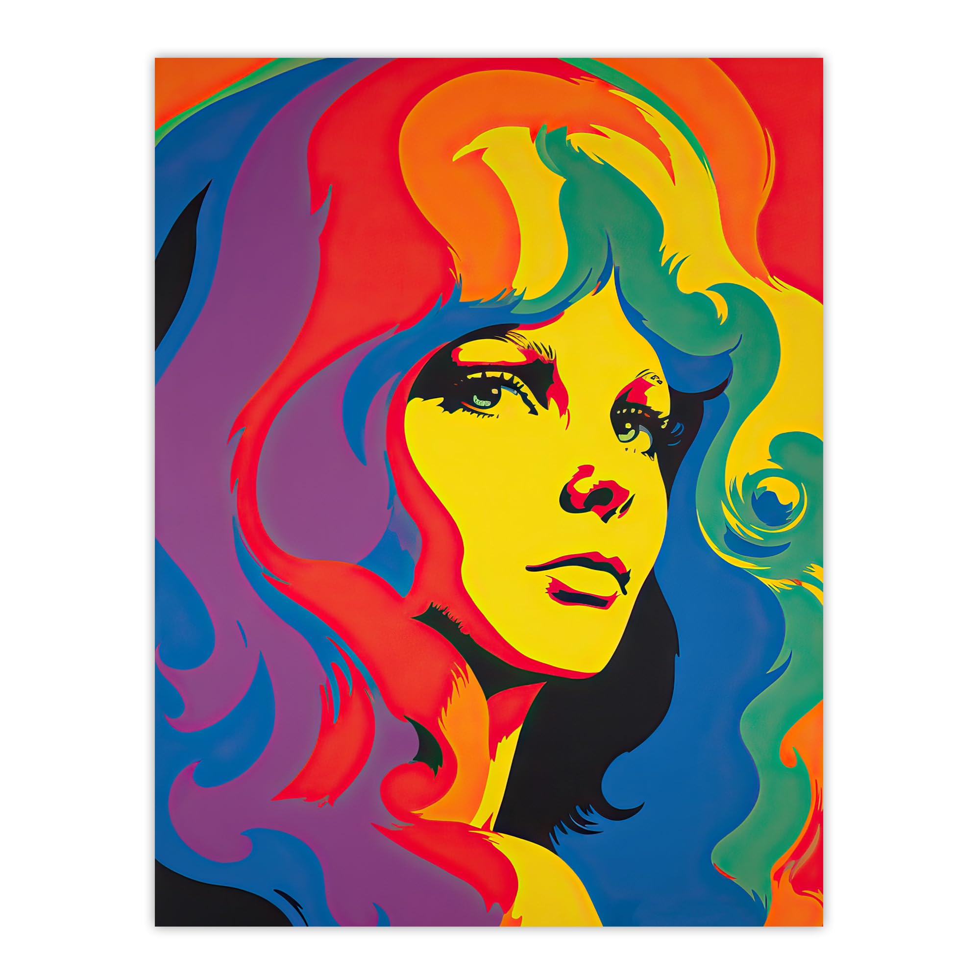 1960's Retro Portrait Woman Wall Art Print - Psychedelic Rainbow Colours - Vibrant Bold Painting Poster - W24 inch x H32 inch
