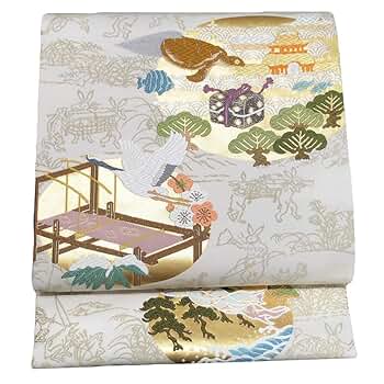 O0682美品 逸品 お洒落 鳥獣戯画 正絹 袋帯 袋帯 美品 逸品 紬地 鳥獣戯画 萩 銀通し ベージュ お太鼓柄