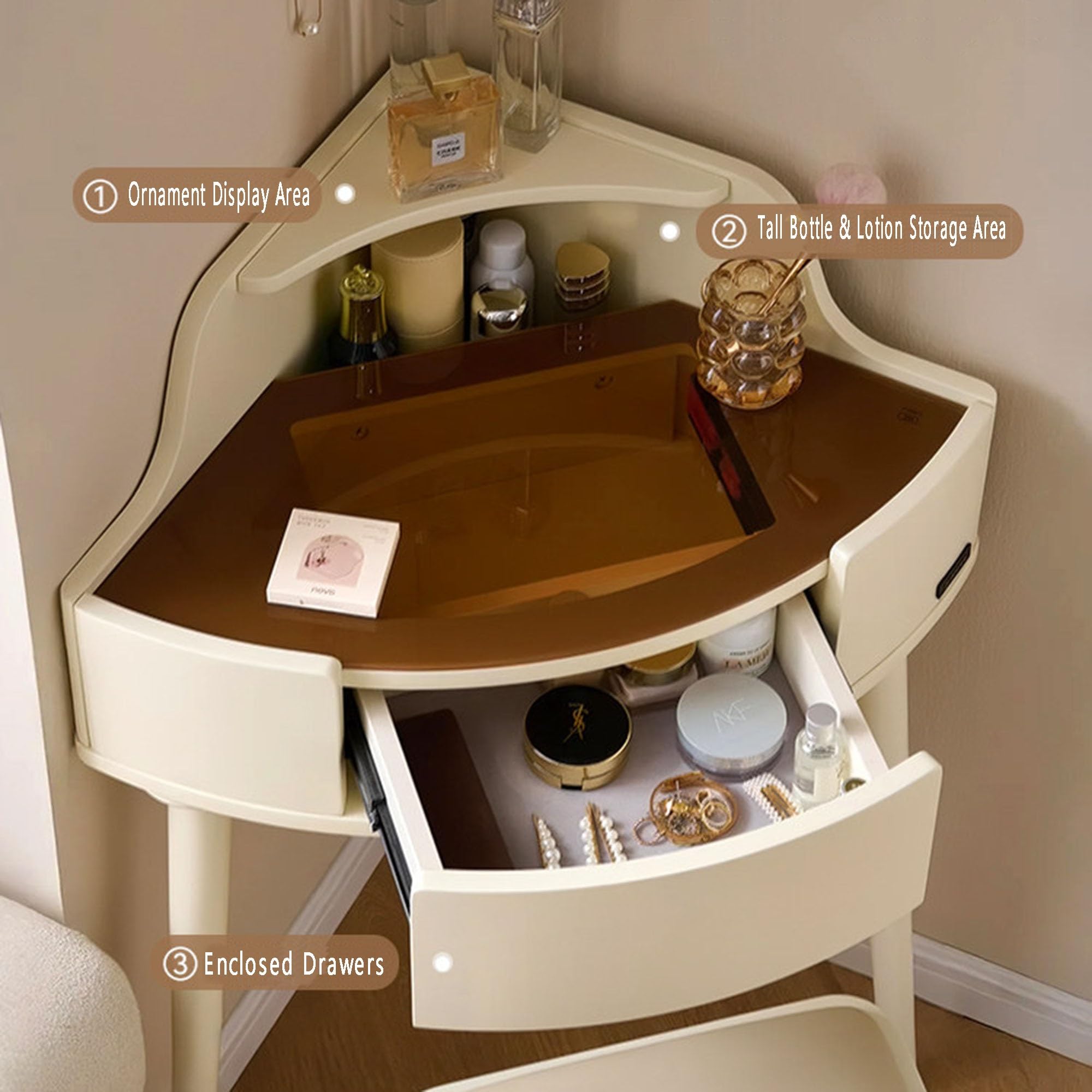 Toeletta angolare con piano in vetro temperato, scrivania da trucco salvaspazio con cassetto nascosto e spazio incassato, per piccoli spazi, camera da letto, ideale per le donne