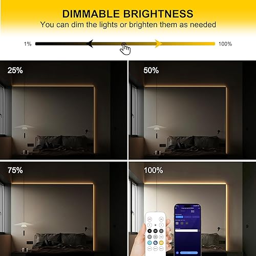 Miniatura 7 de COB - Tira de luces LED de color blanco cálido, kit de tira de luz LED regulable de 24 V con control remoto y aplicación, 2700 K 32.8 pies6.6 x 16.4