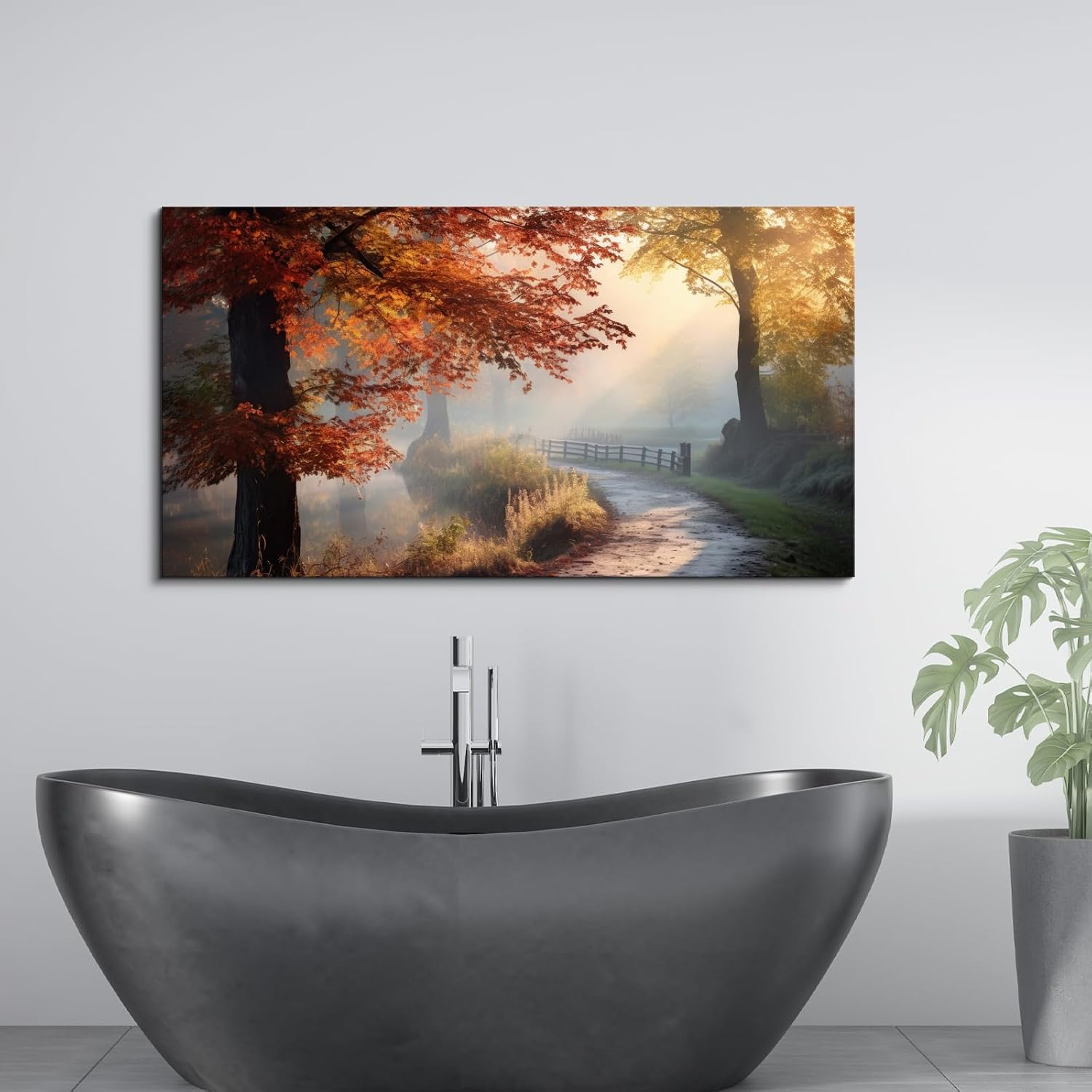 Craftline - Fall Country Road Landscape Nature Canvas Painting Path in Autumn Maple Trees Photo Countryside Mountain Picture Modern Framed Wall Art for Living Room Office Bedroom 32x16inch
