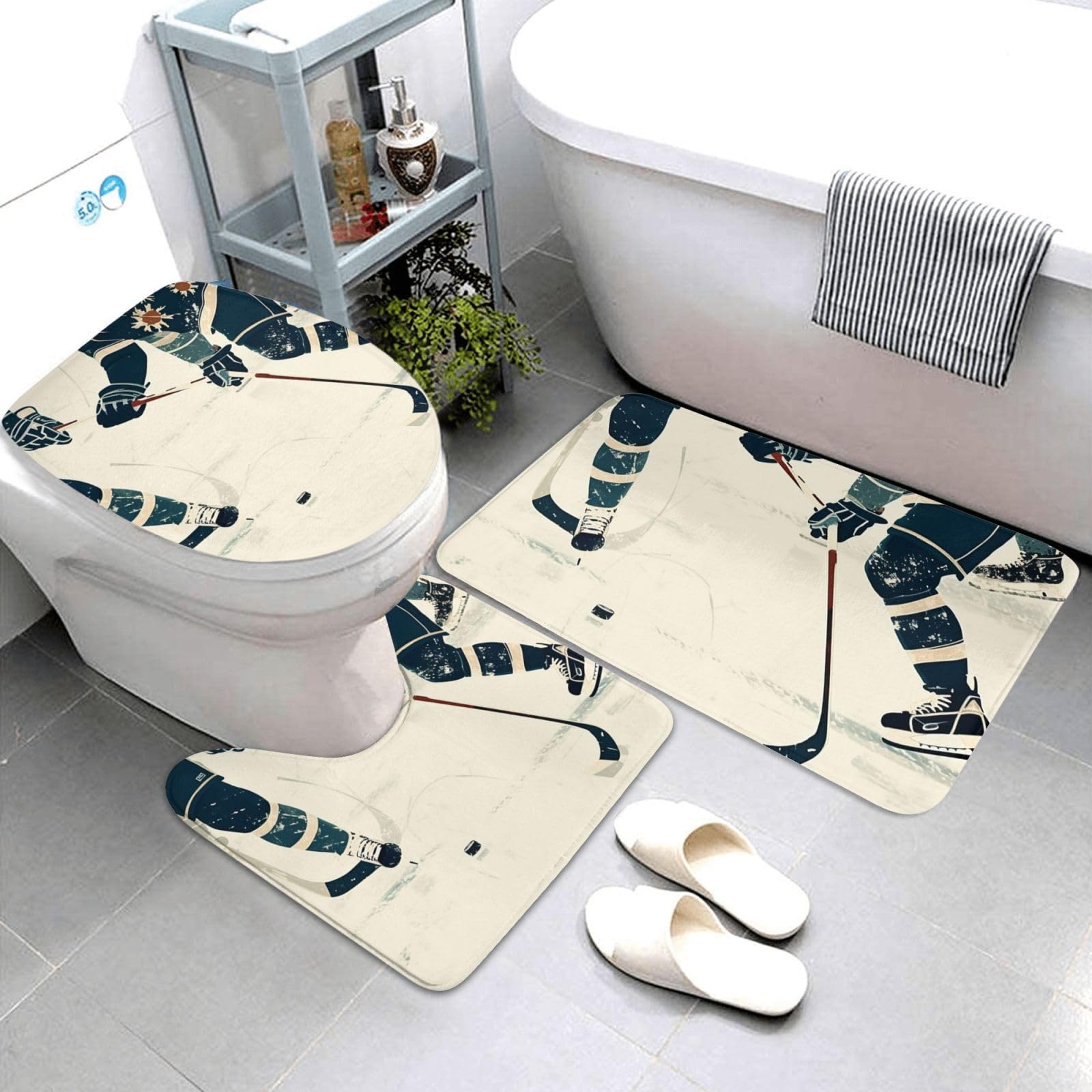 Tapis de bain hockey sur glace 3 pièces avec couverture de toilette et tapis wc durable