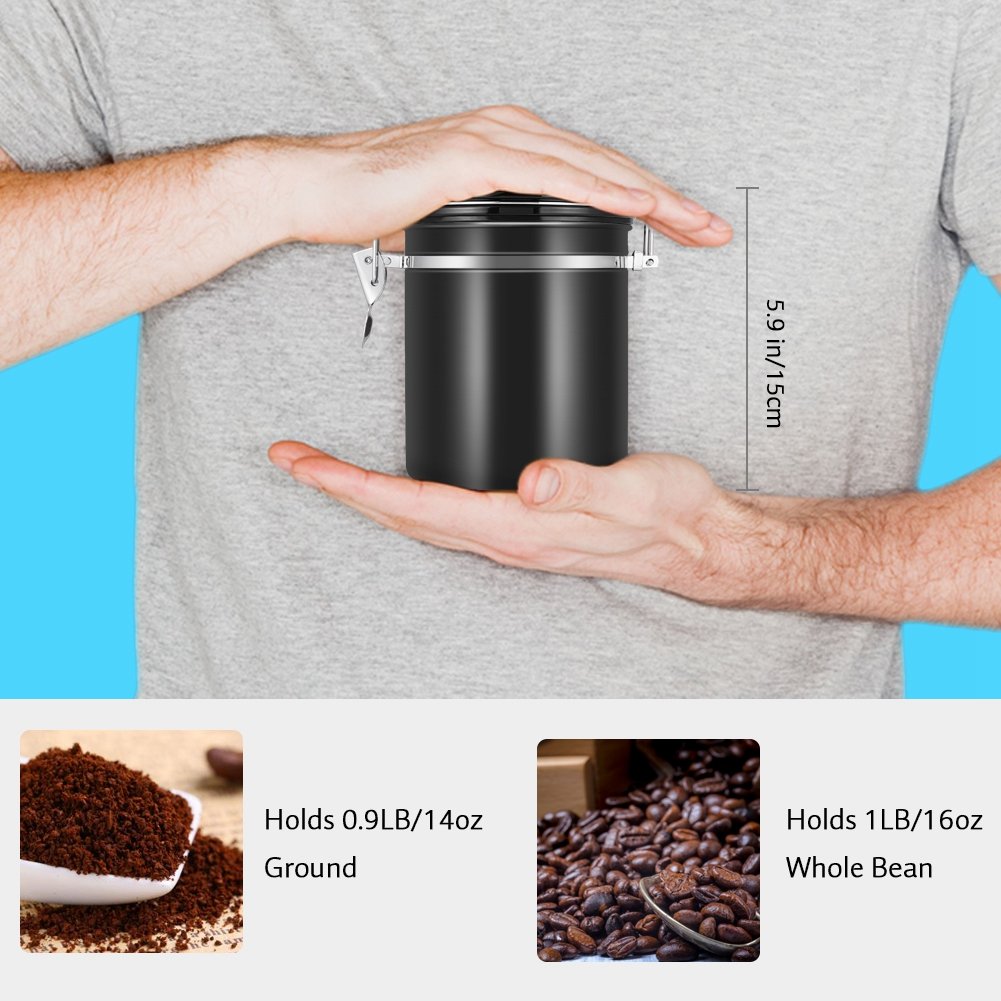 inless Kaffeedose aus Stahl, luftdicht, Vakuum-Sto-Conter für Kaffeebohnen, Tee, schwarz, Aromabehälter, ideal für Frische und Konservierung