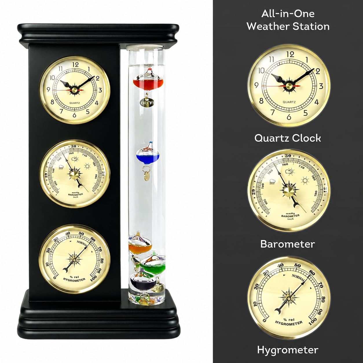 Lily's Home Analoge Wetterstation mit Galileo-Thermometer, Präzisions-Quarzuhr und analogem Barometer und Hygrometer, 5 mehrfarbige Kugeln (L x B x H): 15,2 x 5,1 x 30,5 cm, Mattschwarz