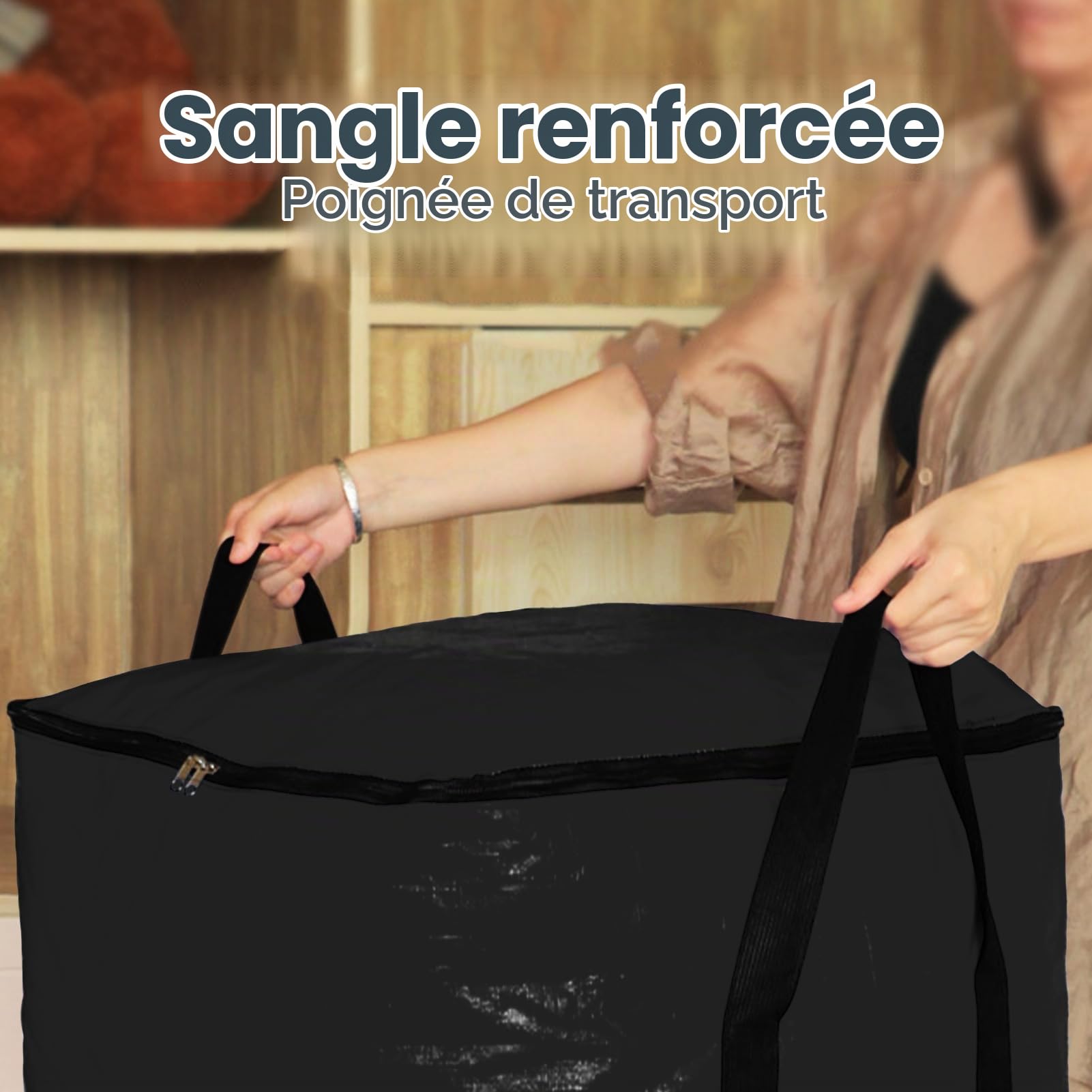 Grand sac de déménagement 125 L noir 50 × 50 × 50 cm Sac de rangement avec couvercle et poignées Boîtes de rangement à fermeture éclair Déménagement
