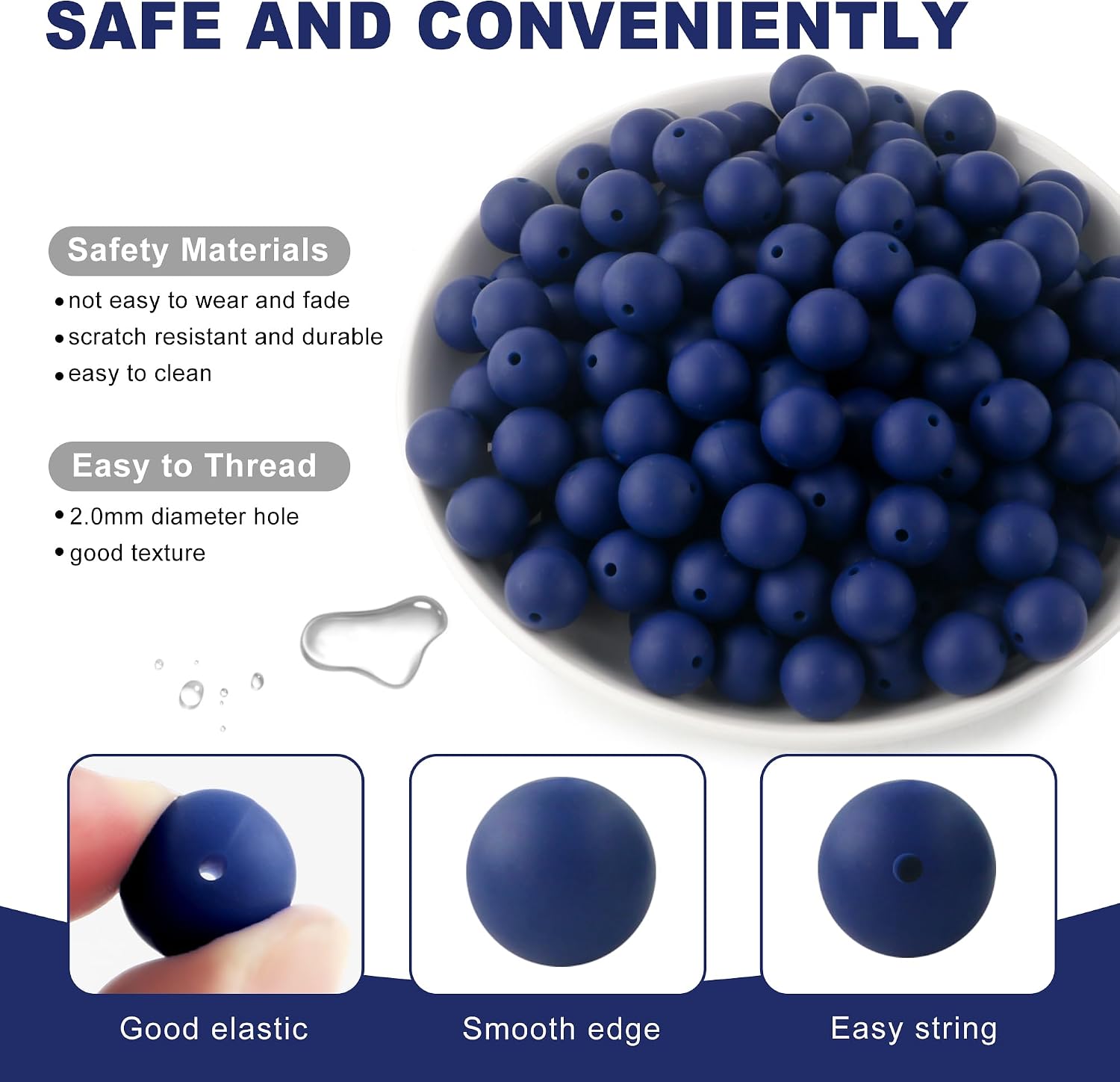150Pcs 15mm Silicone Beads for Keychain Making Bracelet Necklace, Bulk Round Silicone Beads for Pens(Navy Blue) image 5