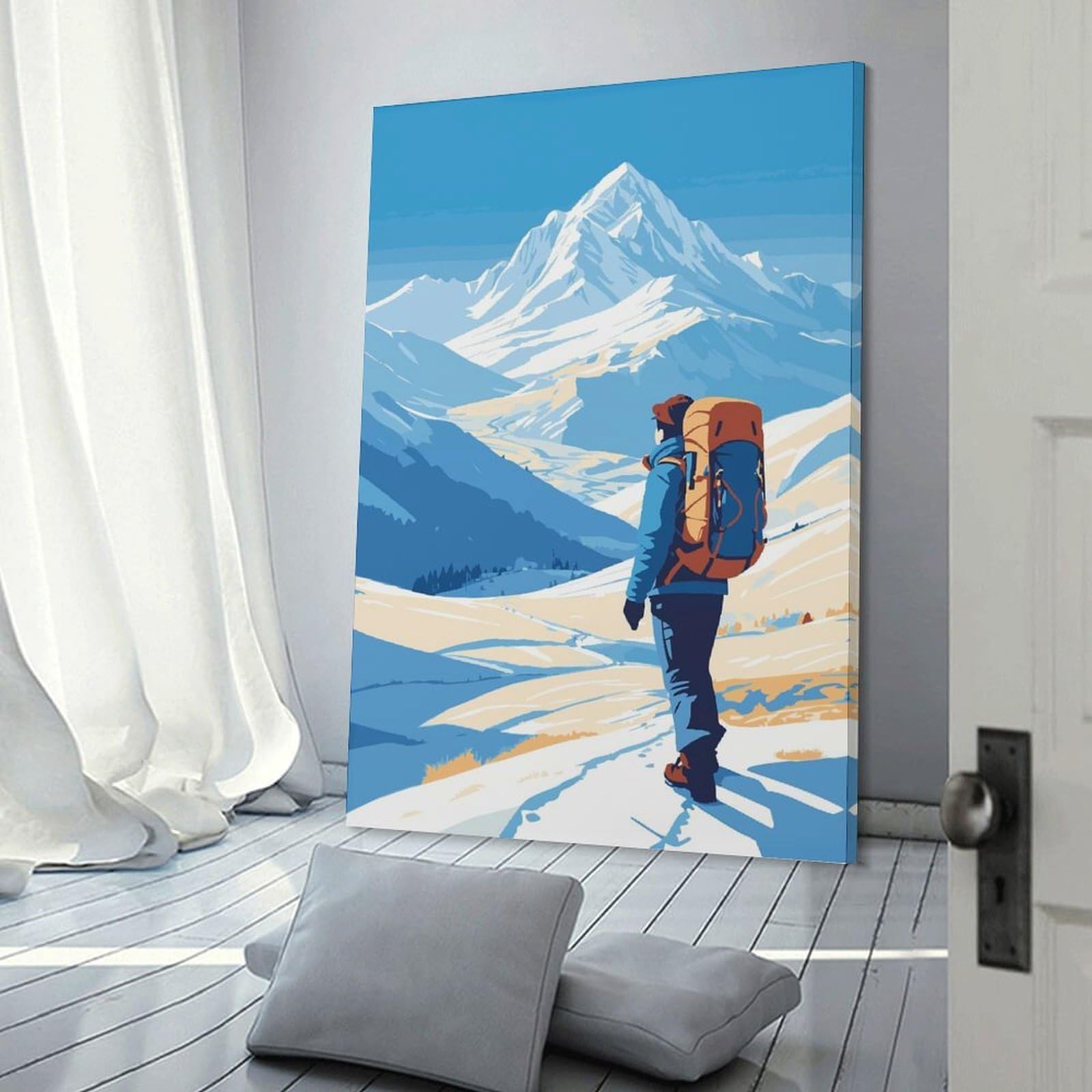 Junmoney Hiker in Snowy Mountain Landscape Canvas Art Print, 24x36inch(60x90cm), for Wall Displays, Bedrooms Or Room Updates, Home Wall Art for Statement Displays