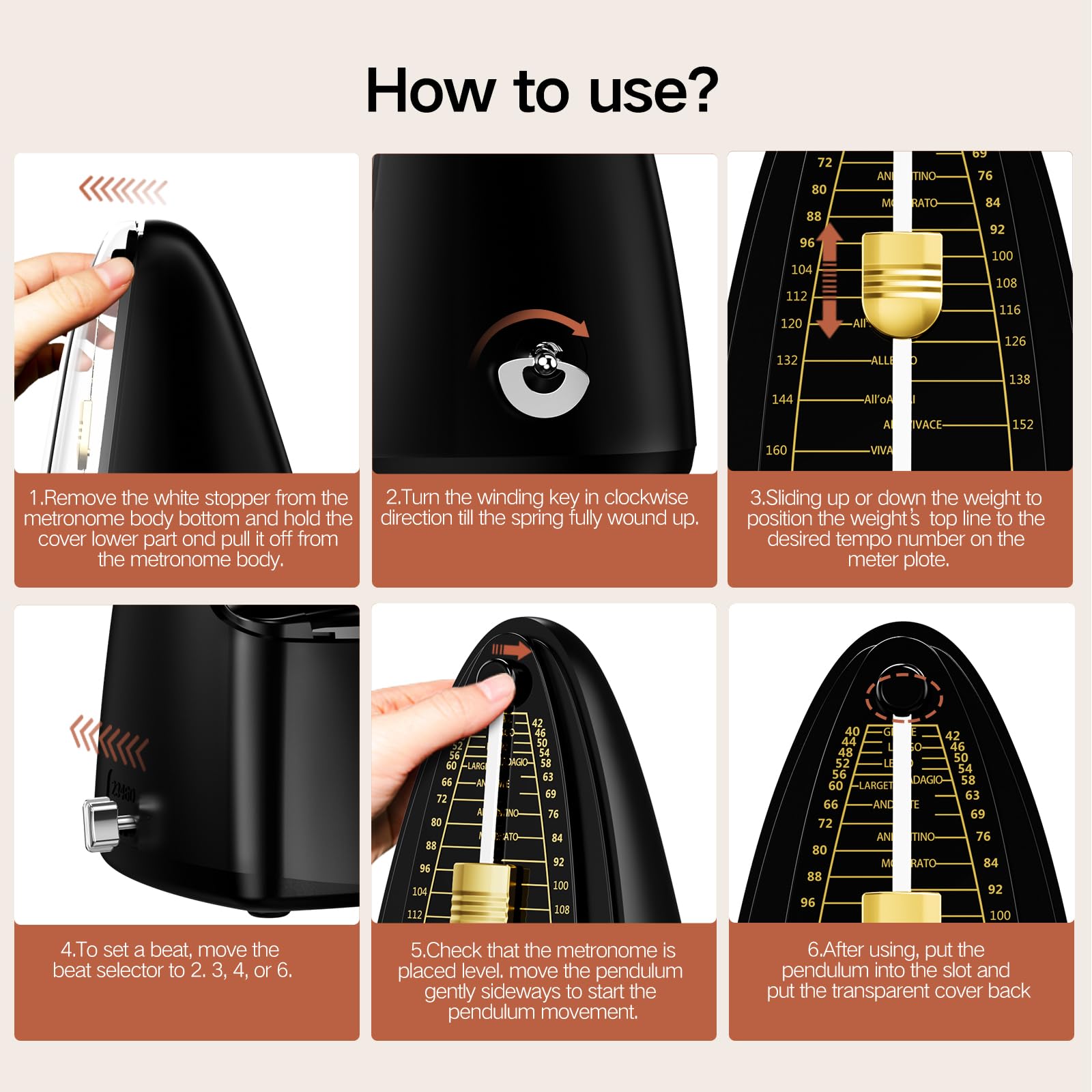 TERENCE Metronome Metronomo meccanico ad alta precisione con campana accentata, tempo preciso, durevole per pianoforte, violino, batteria, basso, chitarra, adatto come regalo, nero