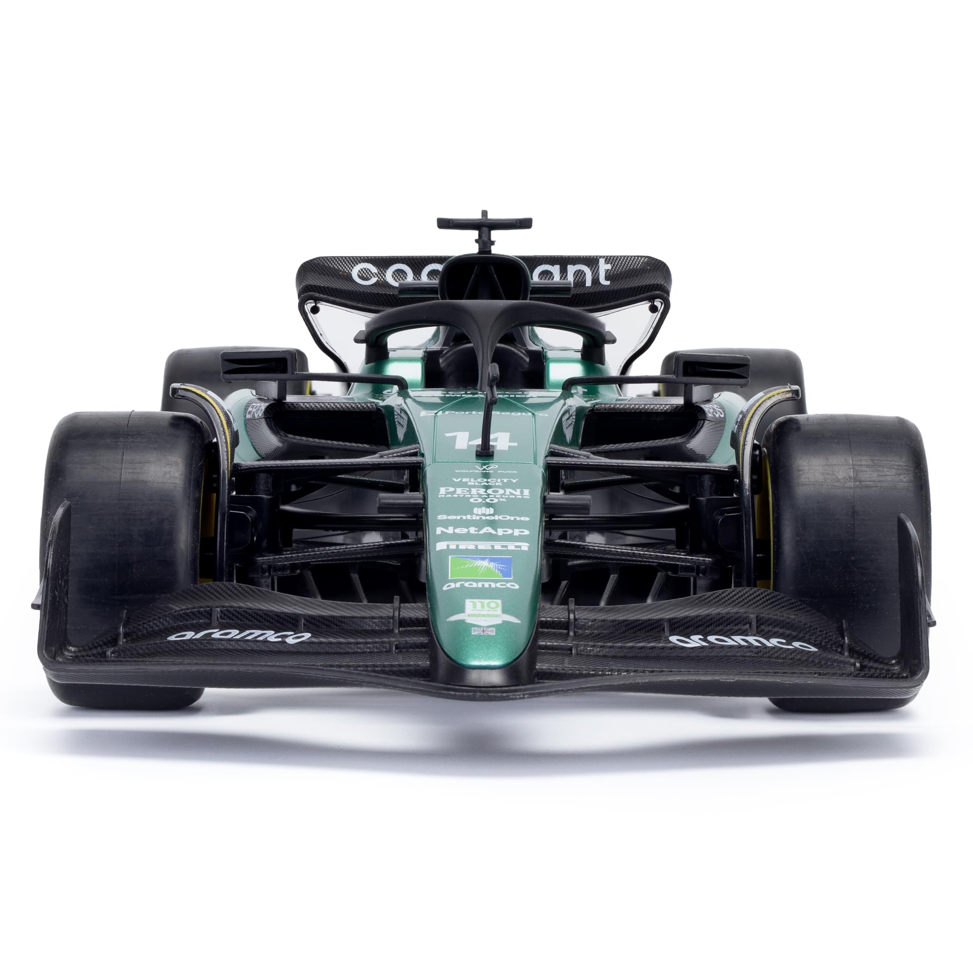 Aston Martin F1 - Coche teledirigido AMR22 (Escala 1:14) – Mando a Distancia de 2,4 GHz – Modelo de Coche de Carreras de Aston Martín – Conductor: Fernando Alonso & Lance Stroll – Fórmula 1