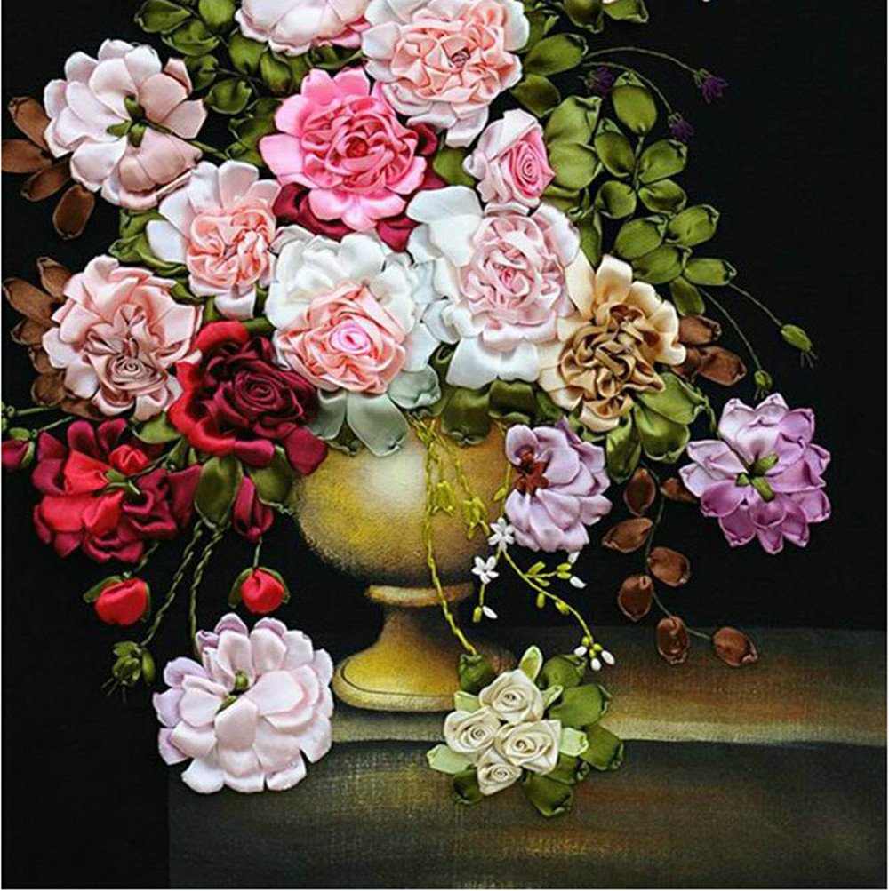 Embroidered Rose Outline Red Rose Flower And Leaves Arrangement On