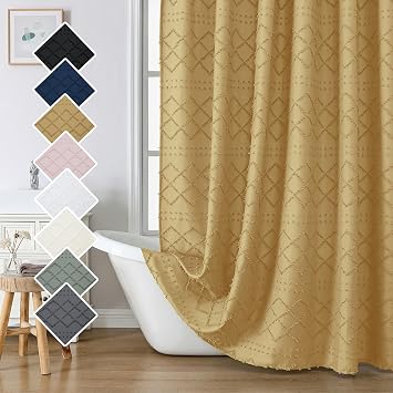 Lecloud Boho Fabric Shower Curtain 72" x 84", Modern Plaid Stripes Cloth Shower Curtain, Chic Jacquard Tufted Textured Farmhouse Fabric Bathroom Hotel Decor, Gold/Mustard Yellow