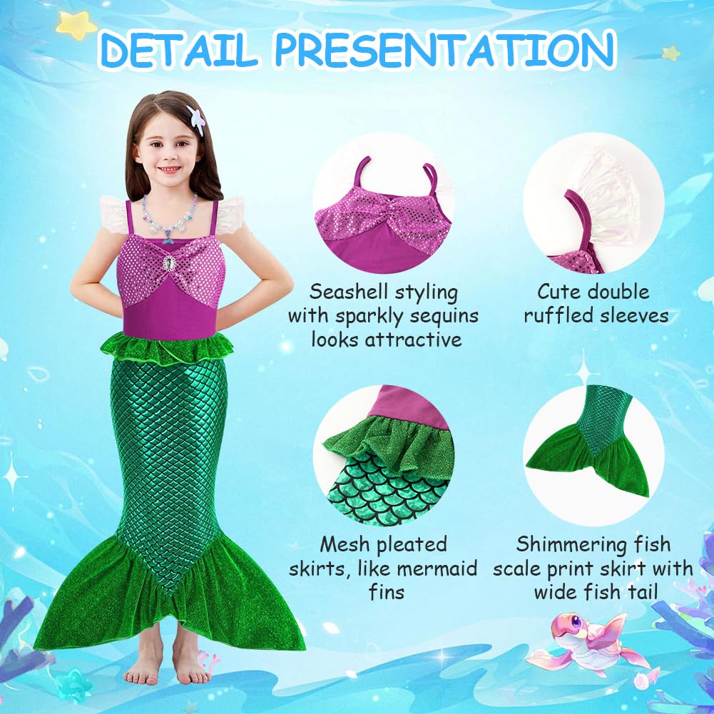 AOOWU Vestito Sirenetta Bambina, Costume da Sirenetta con Parrucca, Ariel Bambine Vestito Sirena con 5 pezzi Accessori, Costumi Cosplay Sirena per Halloween, Natale, Cosplay, Compleanno