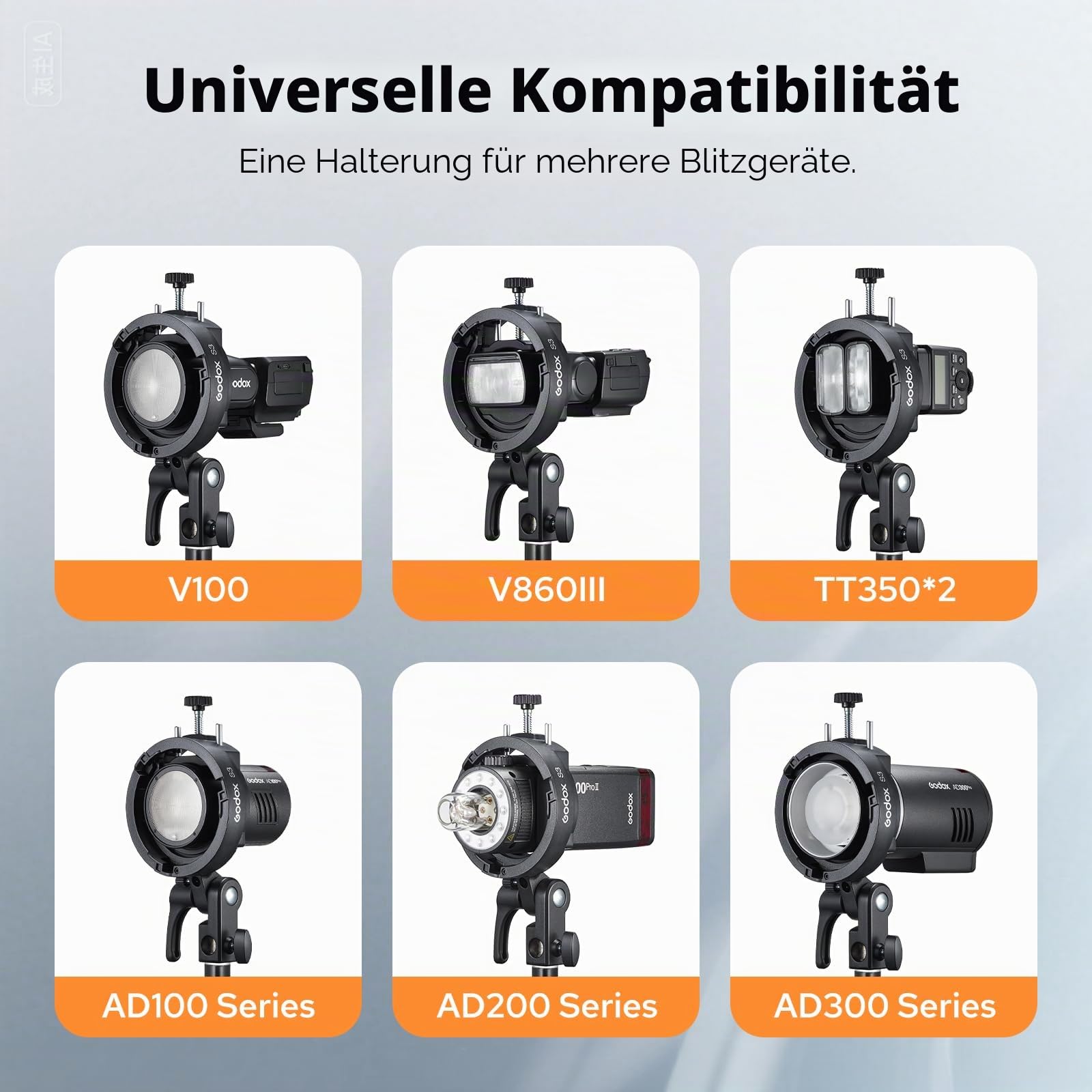 Godox S3 Bowens Mount Blitzhalterung, kompakt & leicht mit ±90° Neigung, rutschfeste Silikonpolsterung für stabilen Aufbau, für AD300/AD200/AD100 Outdoor-Blitz, für V100/V1Pro/V1/V860III Speedlite