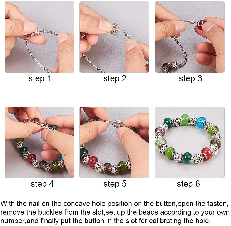 PH PandaHall 60 Pcs Murano Glass Beads Rhinestone Spacers Metal European Beads with 1 Pack European Charm Bracelet Stainless Steel Snake Chain for Bracelet DIY Jewelry Making